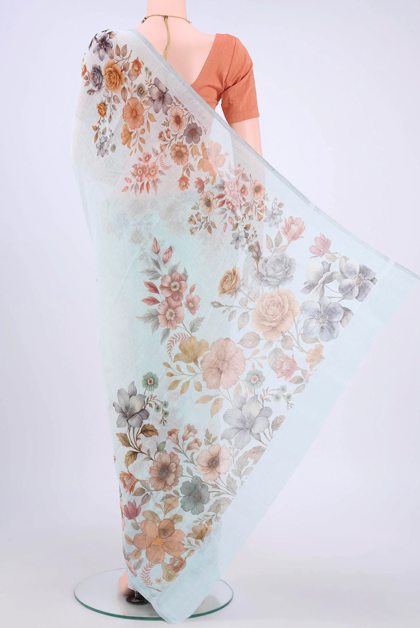 Sky Blue Linen Saree - Image 3