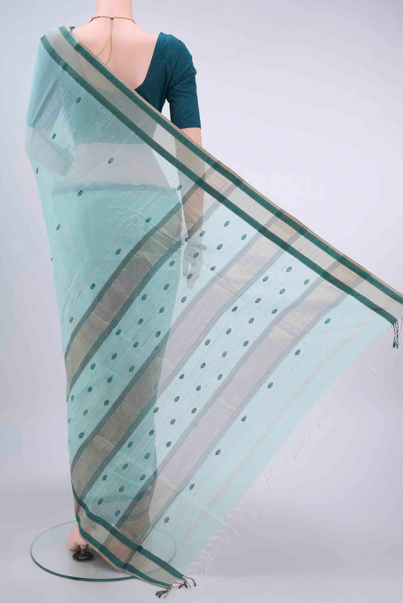 Sky Blue Maheshwari Silk Cotton Saree - Image 3