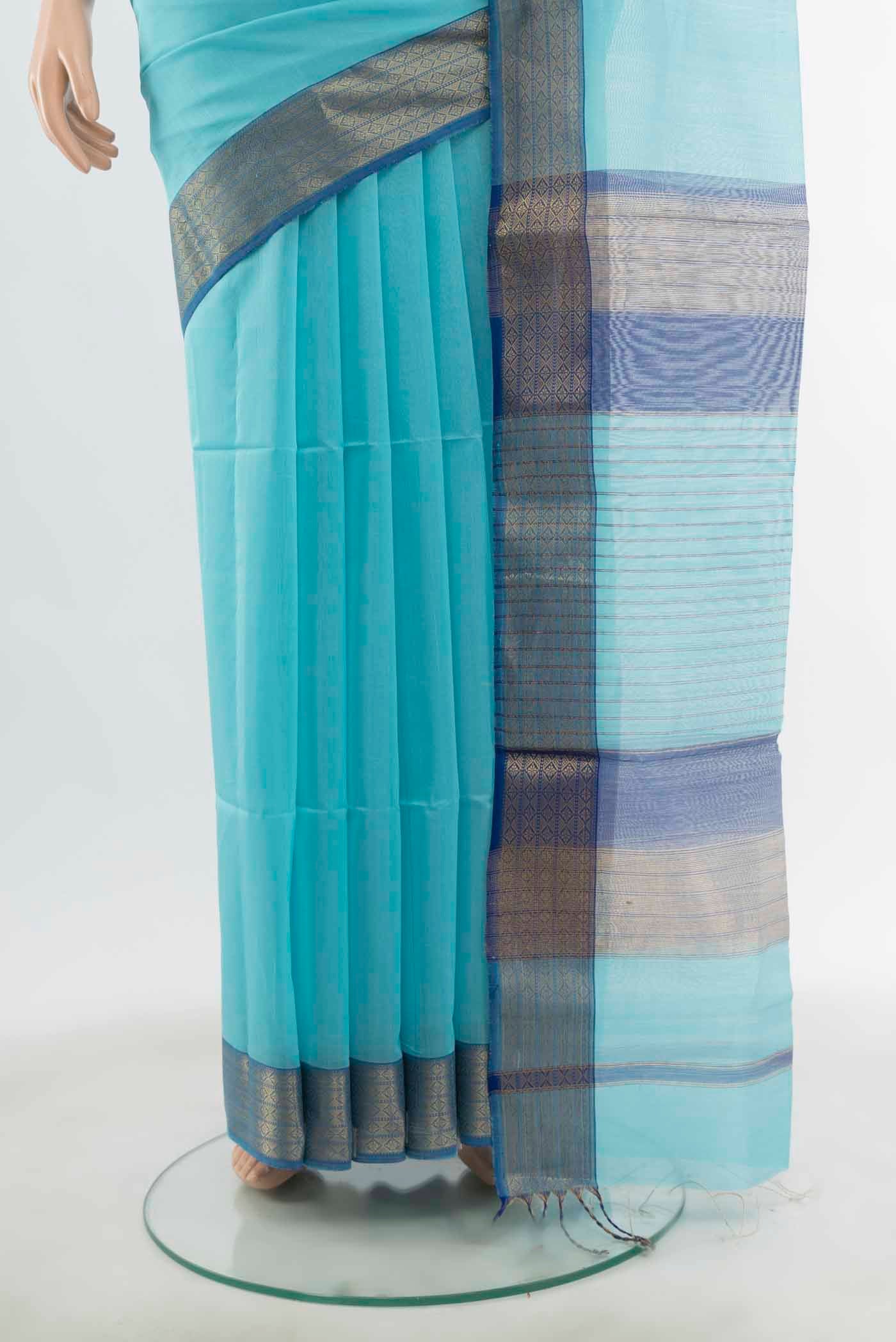 Sky Blue Maheshwari Silk Cotton Saree - Image 3