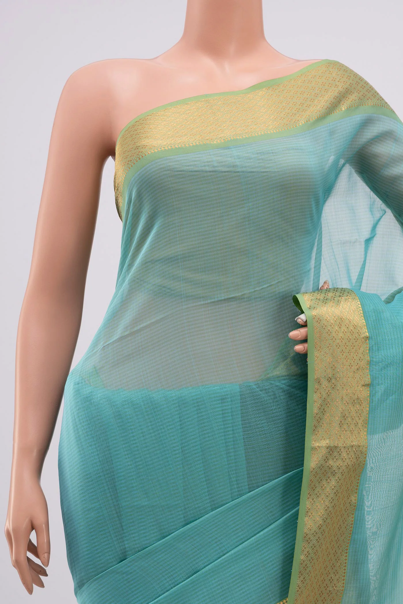 Sky Blue Maheshwari Silk Cotton Saree - Image 2