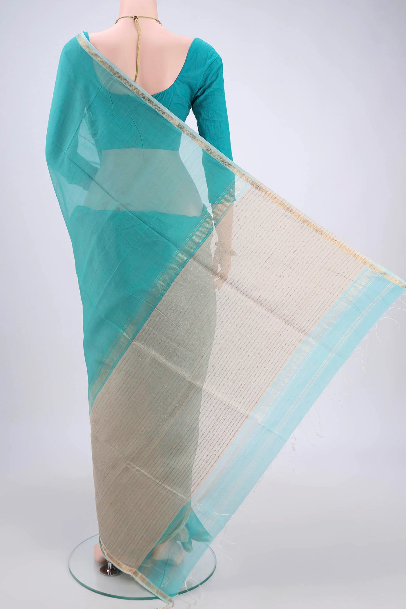 Sky Blue Maheshwari Silk Cotton Saree - Image 3