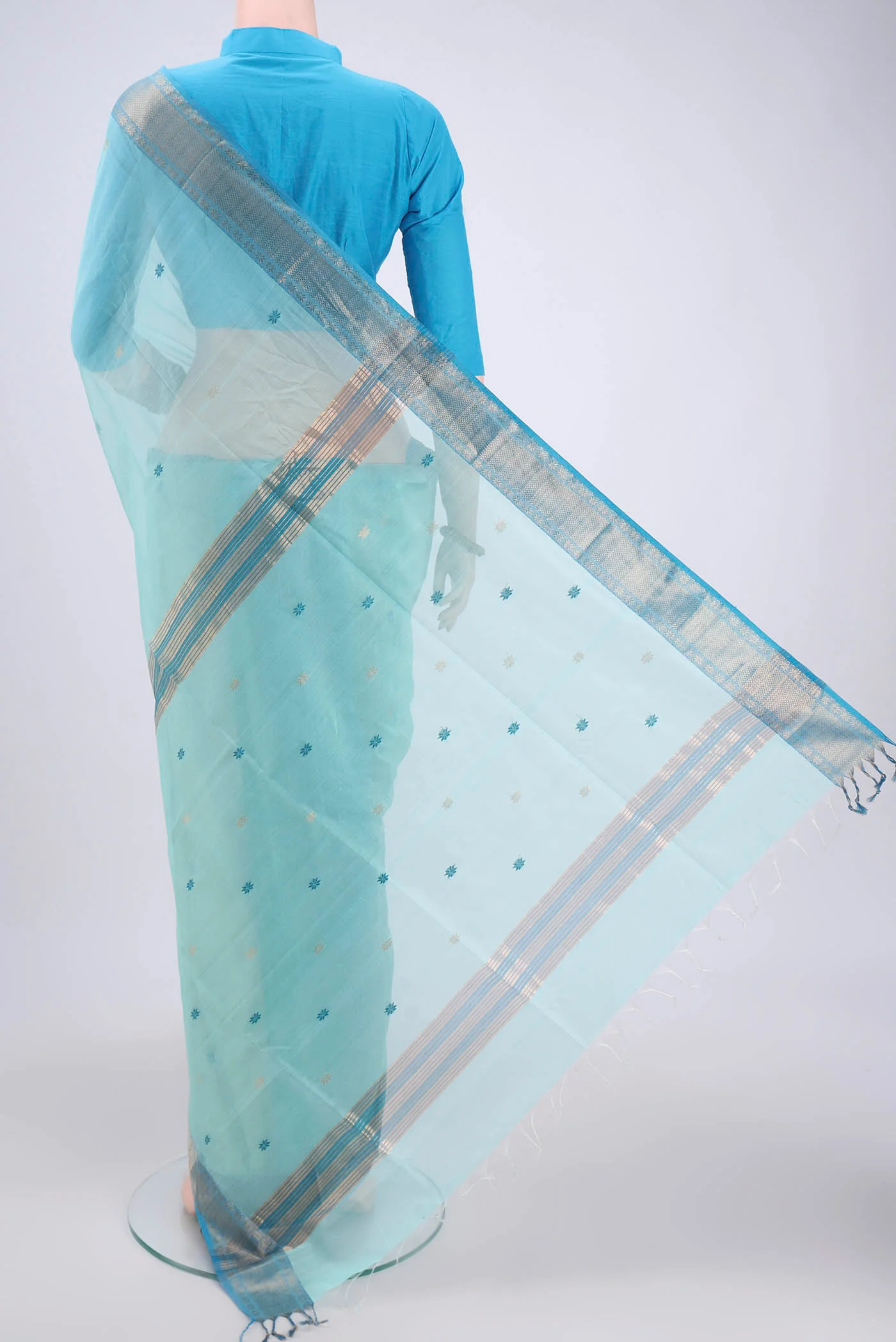 Sky Blue Maheshwari Silk Cotton Saree - Image 3