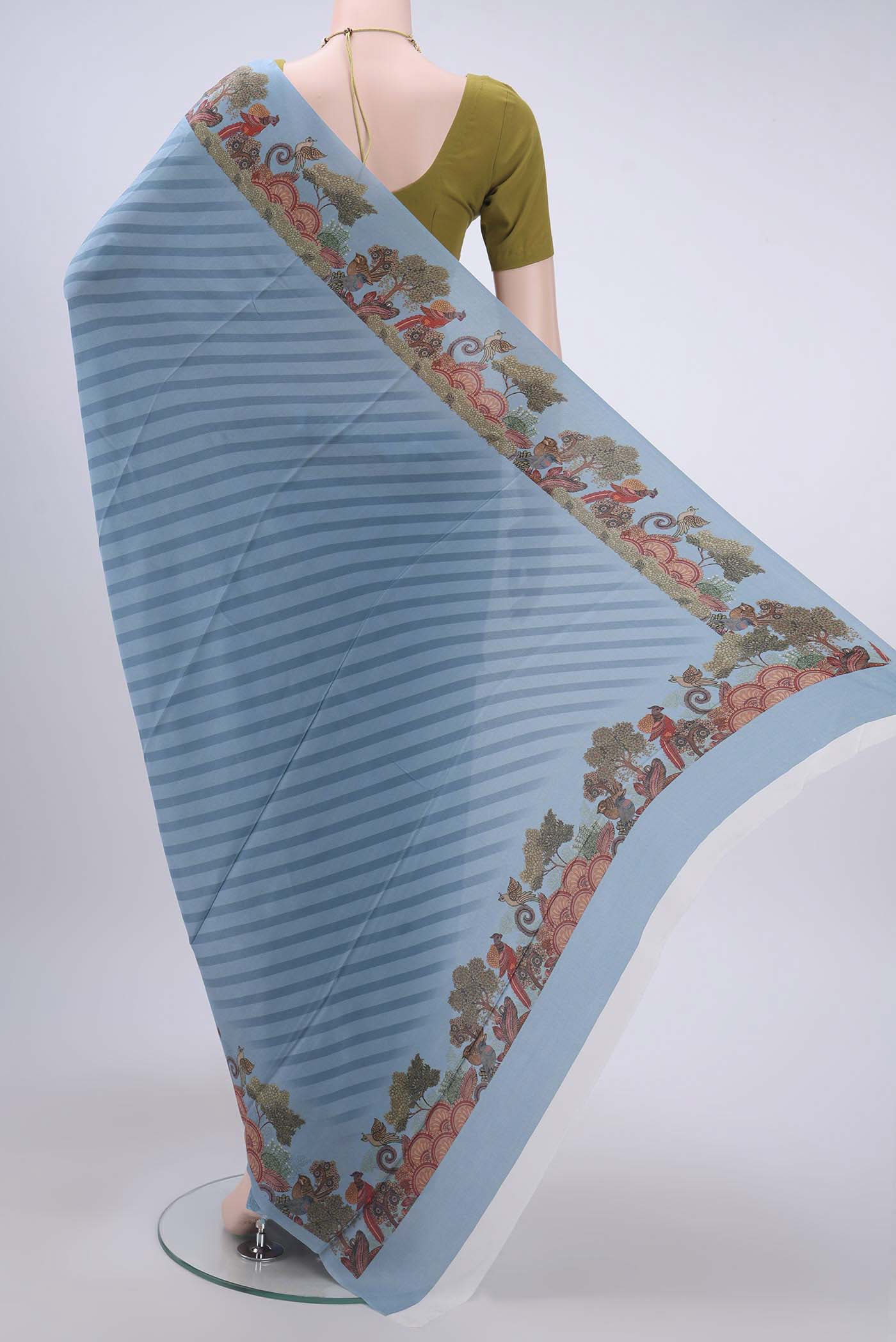 Sky Blue Mysore Crepe Saree - Image 3
