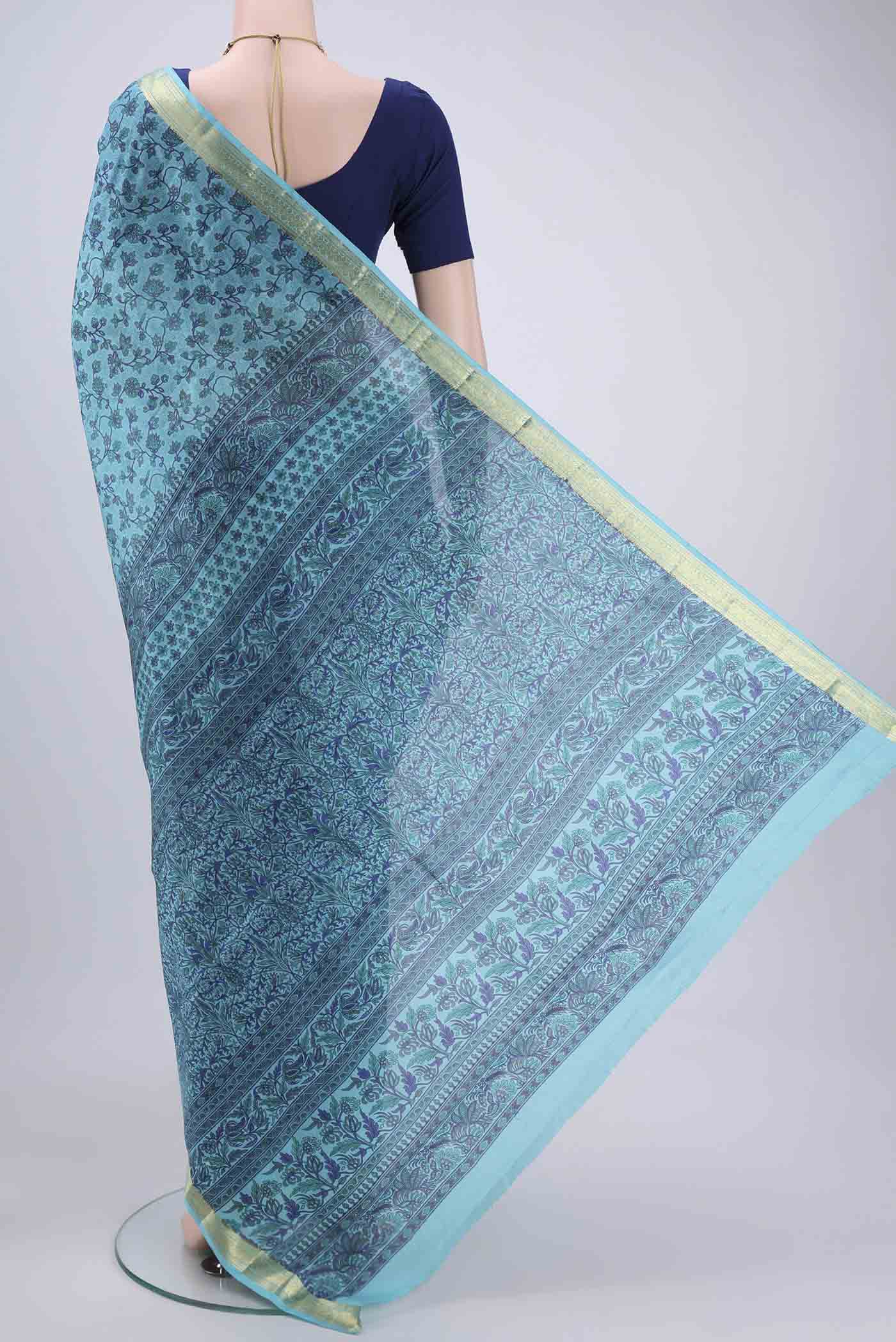 Sky Blue Printed Silk Saree - Image 3