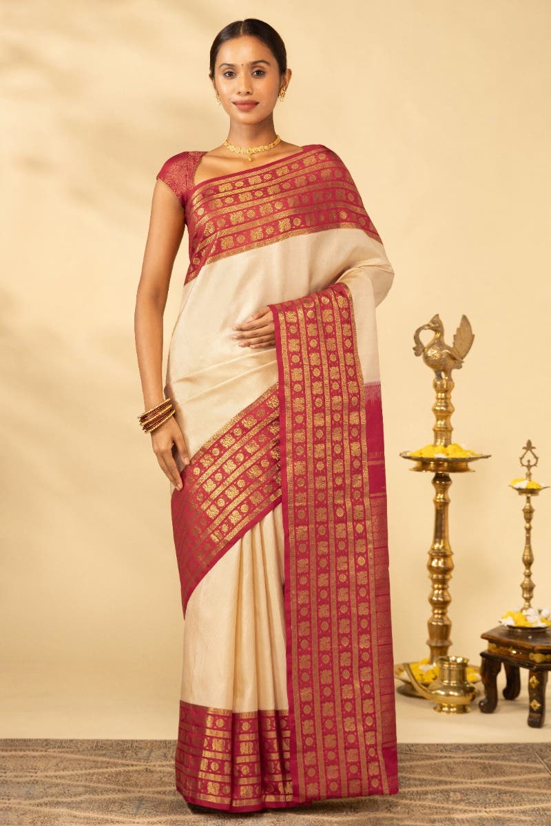 Suvarna-Off White Kanchipuram Silk Saree - Image 2
