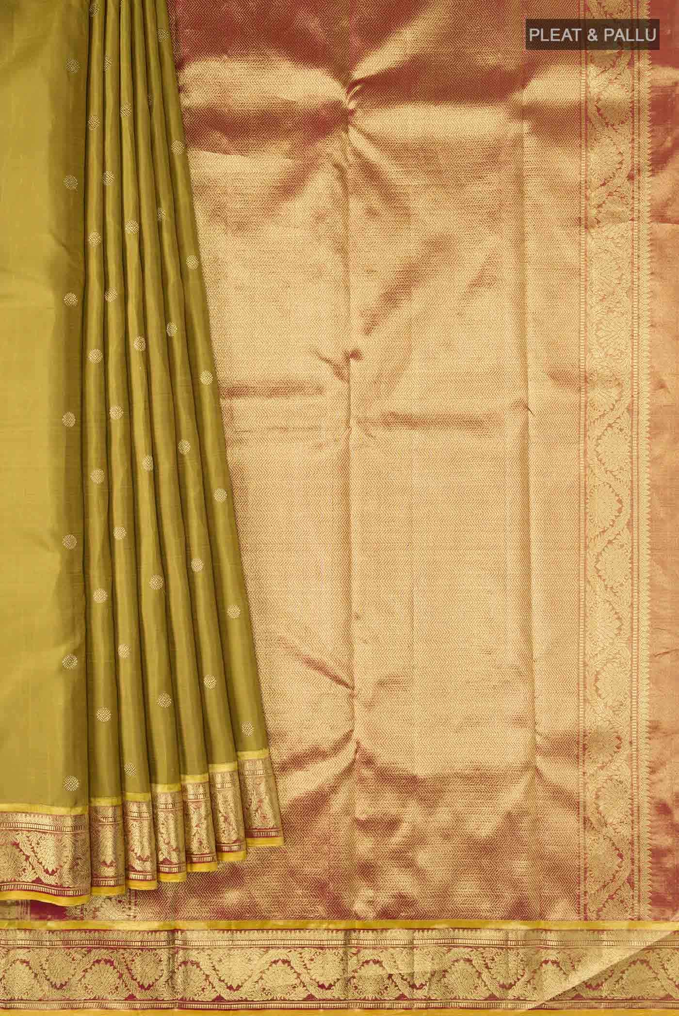 Suvarna-Pure Silk Pure Gold Zari Olive Green Kanchipuram Saree - Image 3
