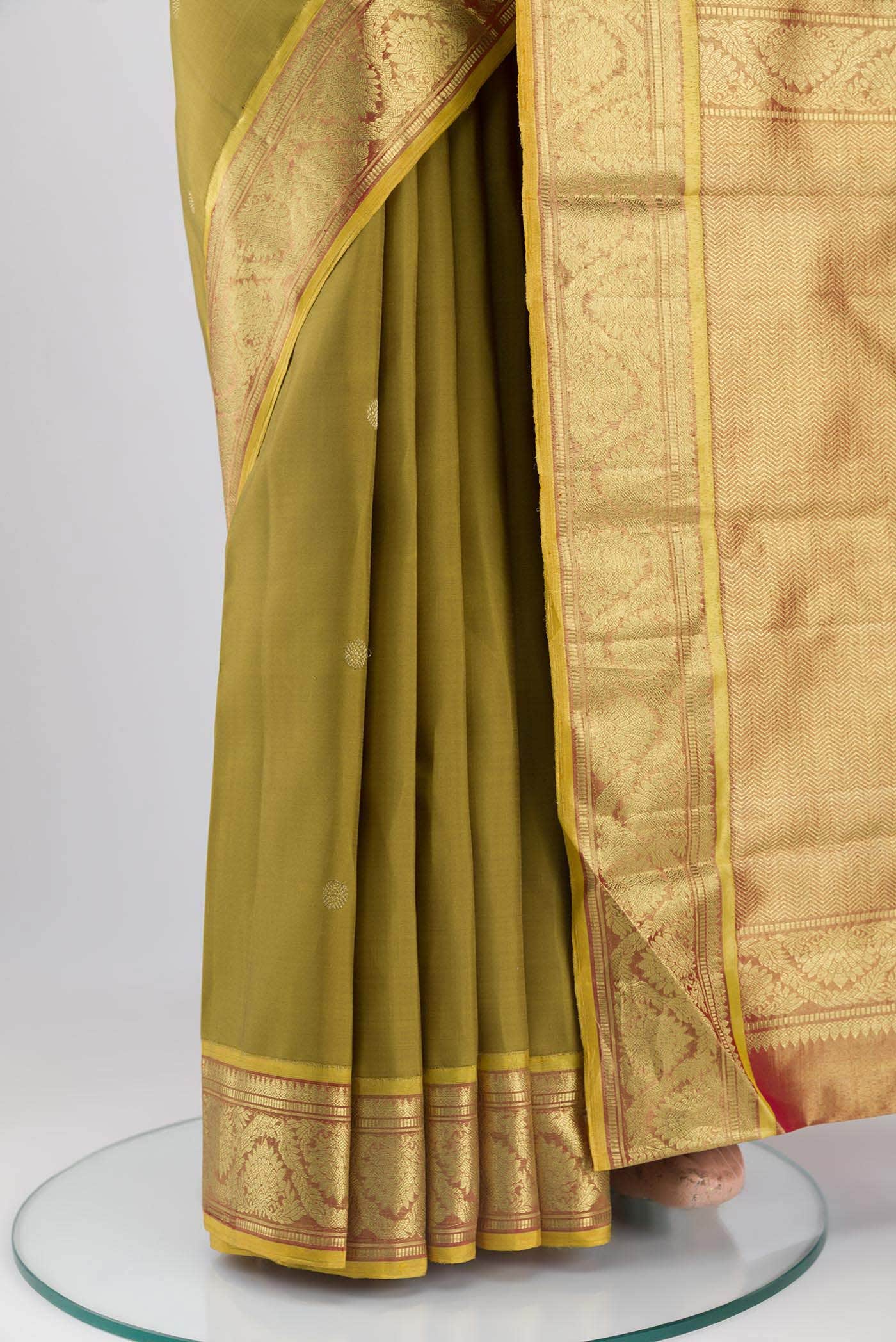 Suvarna-Pure Silk Pure Gold Zari Olive Green Kanchipuram Saree - Image 4