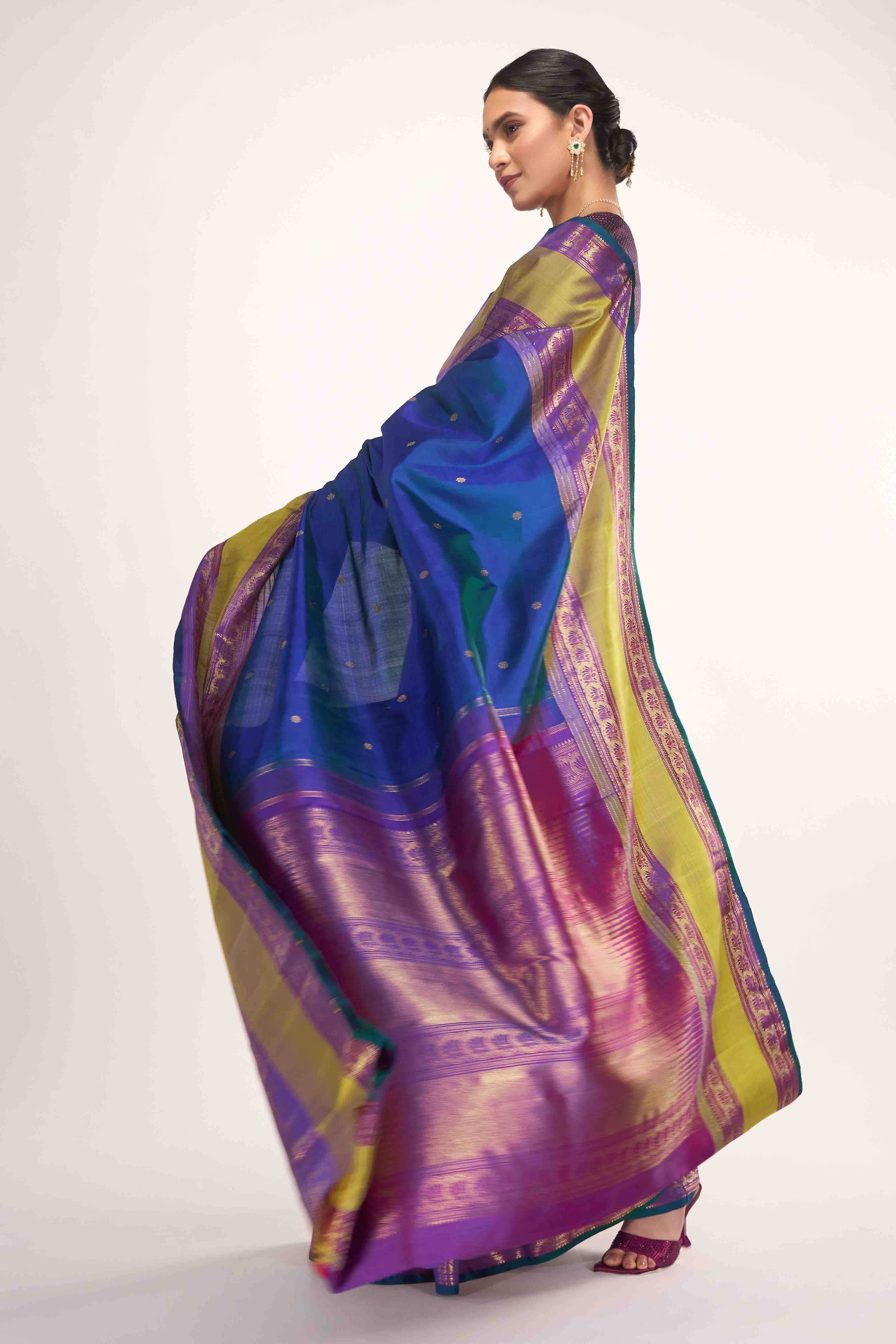 Tamira-Pure Silk Pure Gold Zari Blue with Green Dual Tone Kanchipuram Saree - Image 4