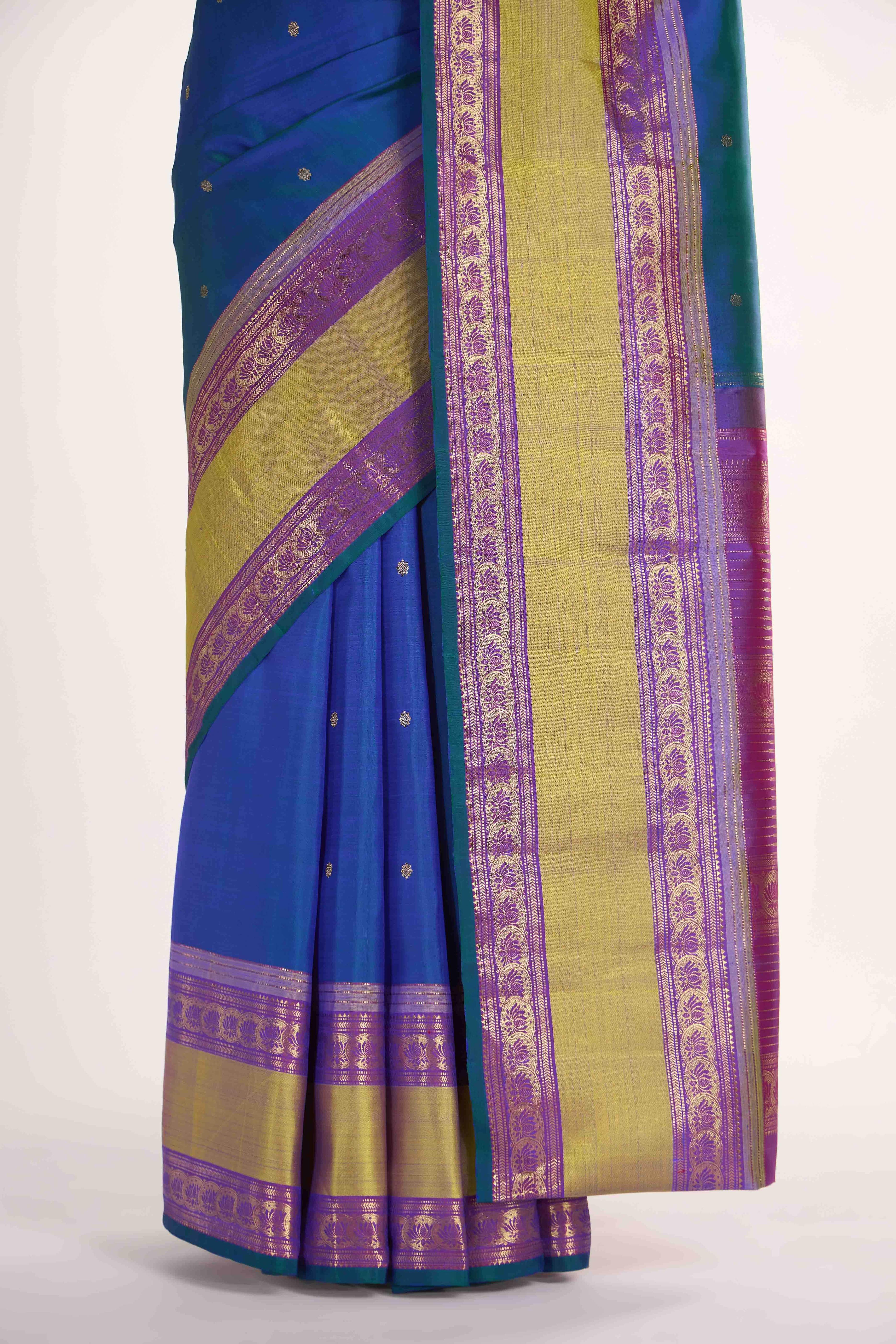 Tamira-Pure Silk Pure Gold Zari Blue with Green Dual Tone Kanchipuram Saree - Image 5