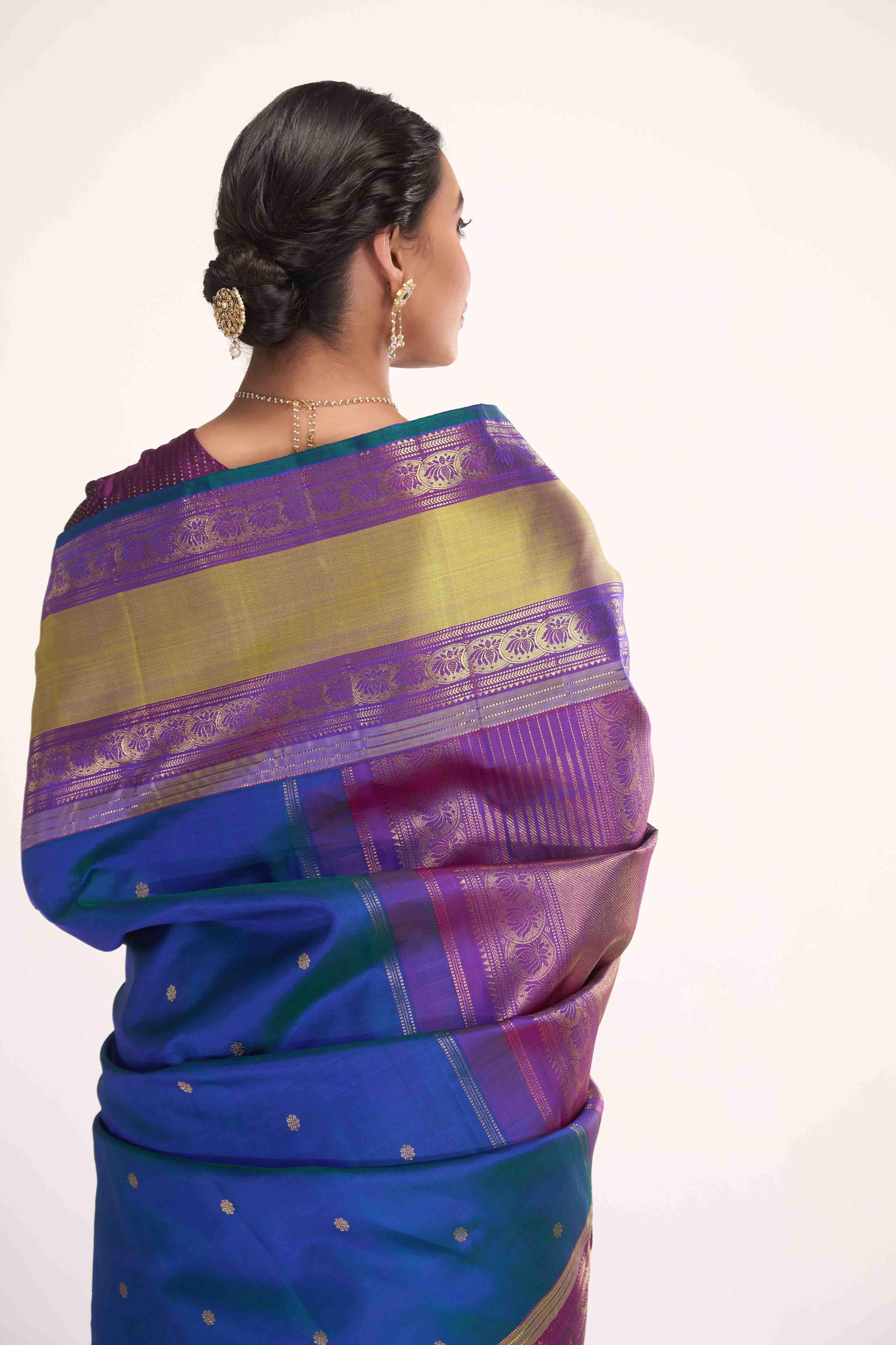 Tamira-Pure Silk Pure Gold Zari Blue with Green Dual Tone Kanchipuram Saree - Image 6