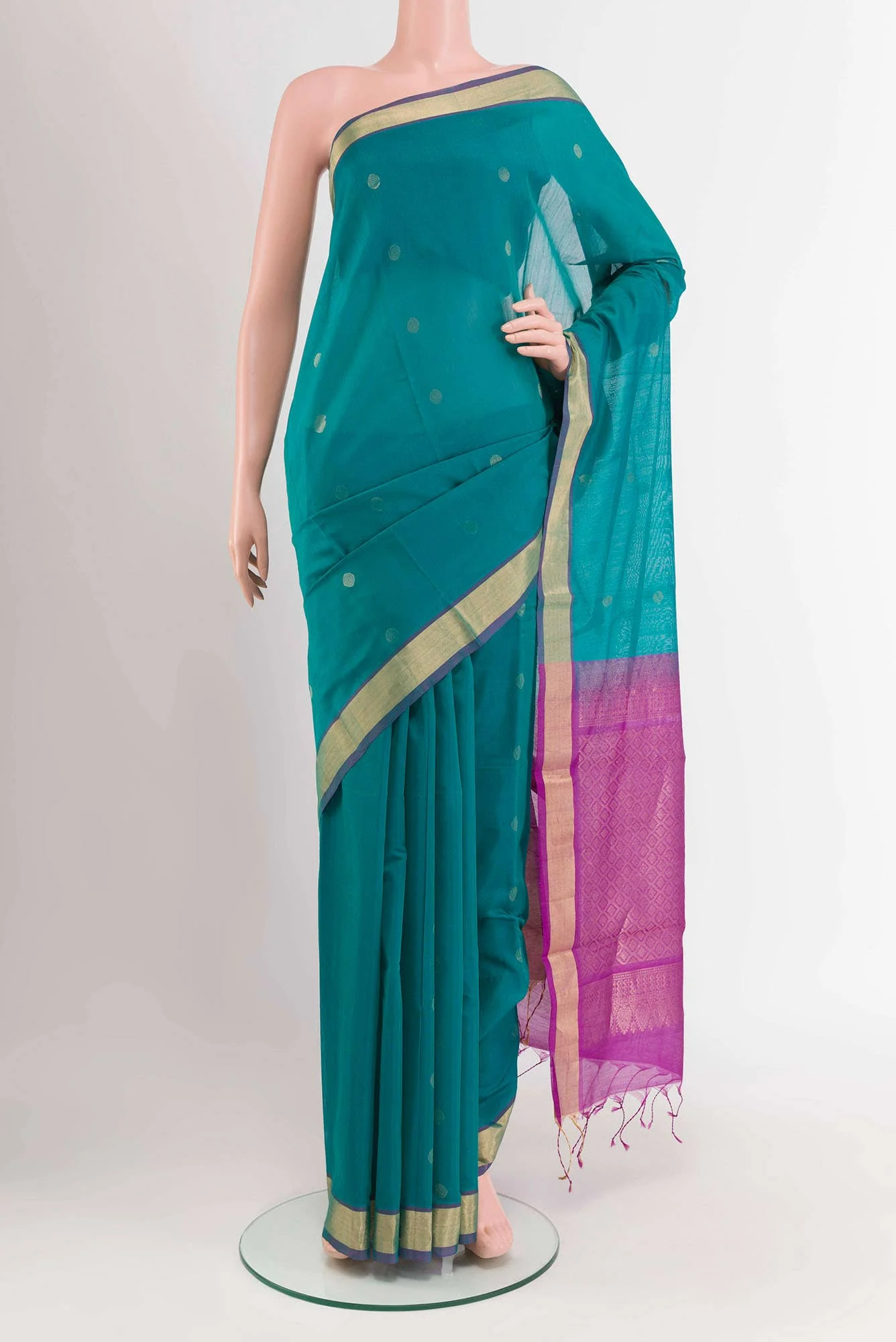 Teal Blended Kora Cotton Saree
