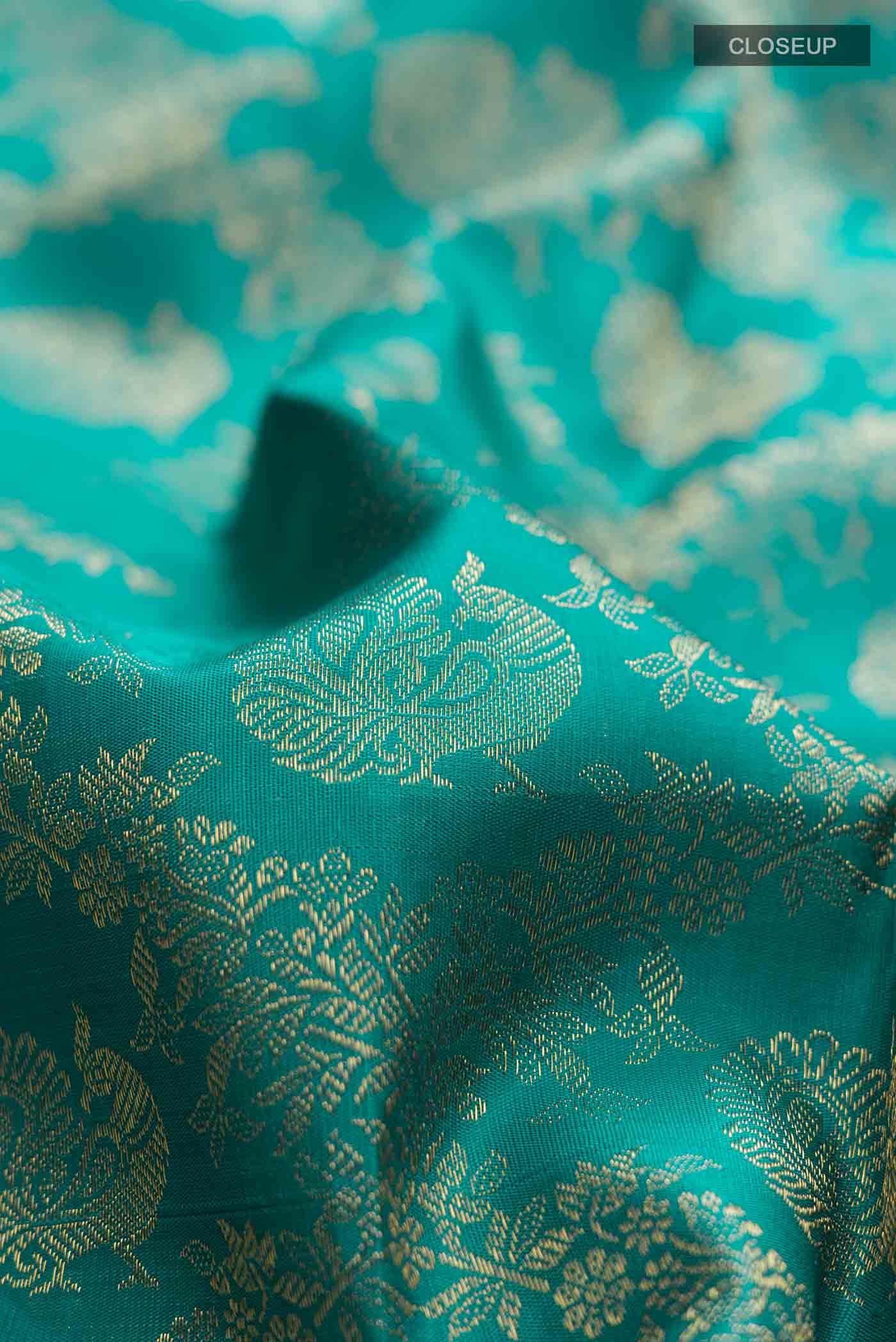 Pure Silk Pure Zari Teal Kanjivaram Saree - Image 3