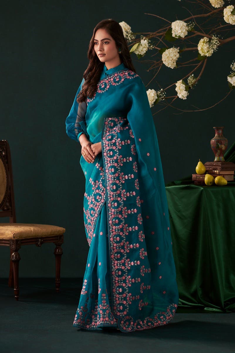 Ethereal Love Teal floral design saree from Embroidered Romance Collection by Nalli - Image 2
