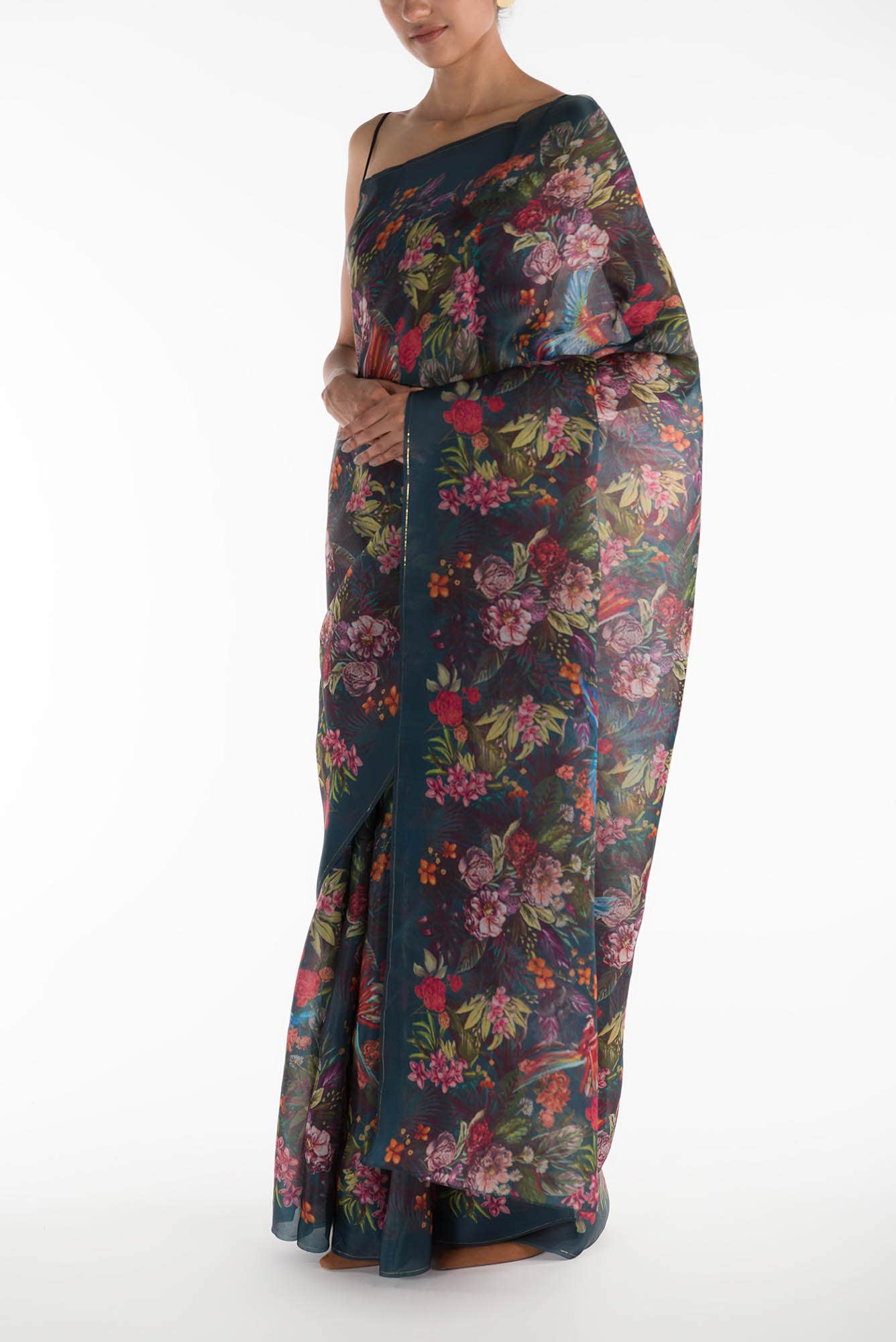 Hyacinth Macaws Teal Satin Organza Saree - Image 5
