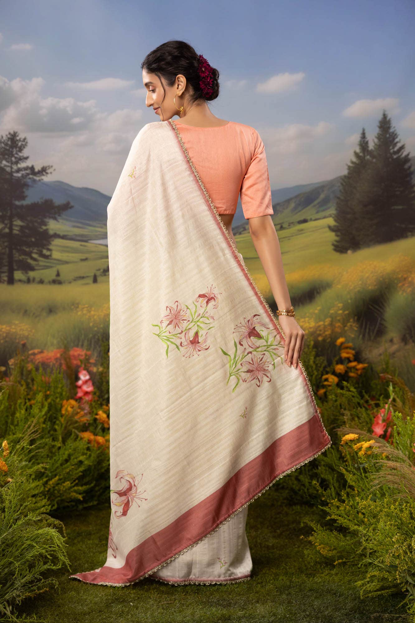 Tempest Lilies-Cream Tussar Silk Saree - Image 5