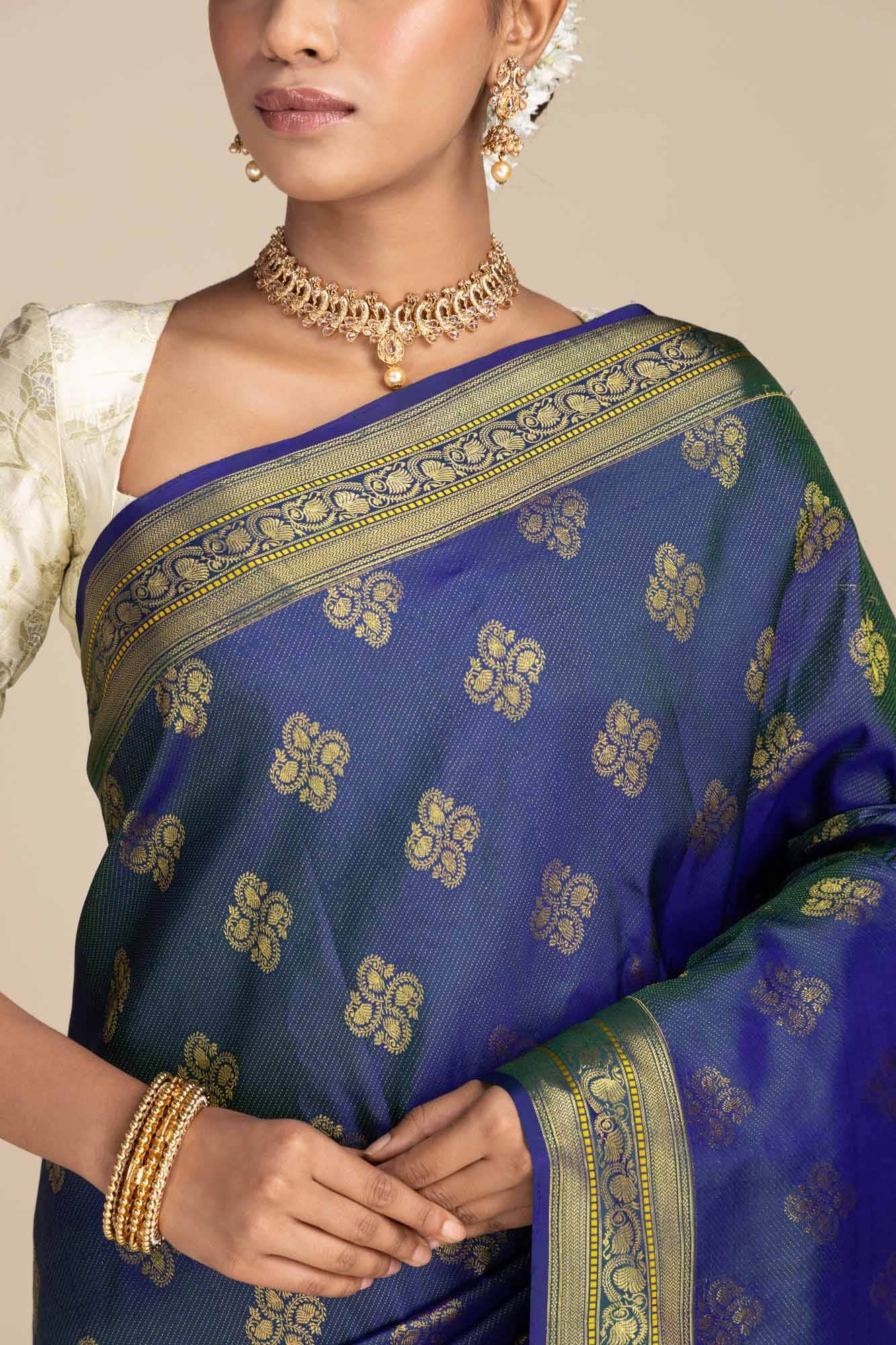 Thamarai-Blue Kanchipuram Silk Saree - Image 3