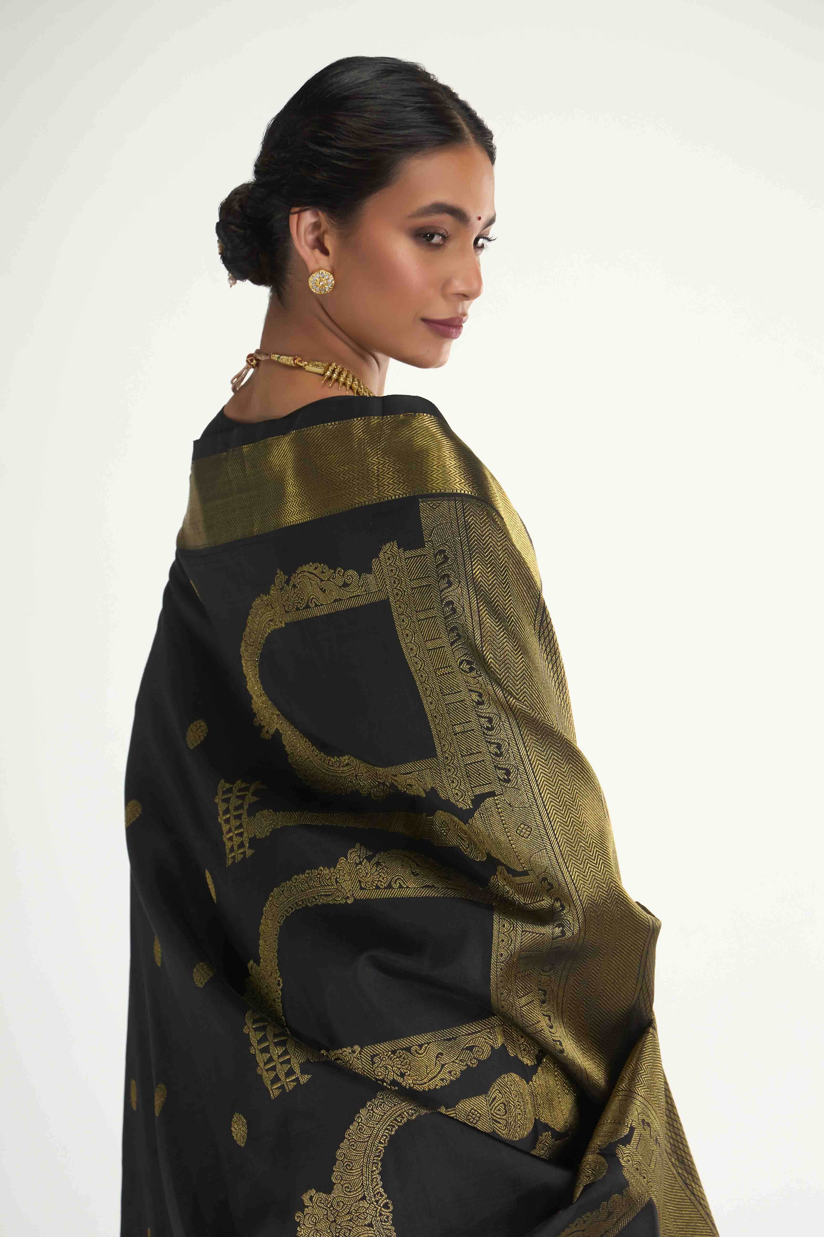 Thiruvakshi-Pure Silk Pure Gold Zari Black Kanchipuram Saree - Image 4