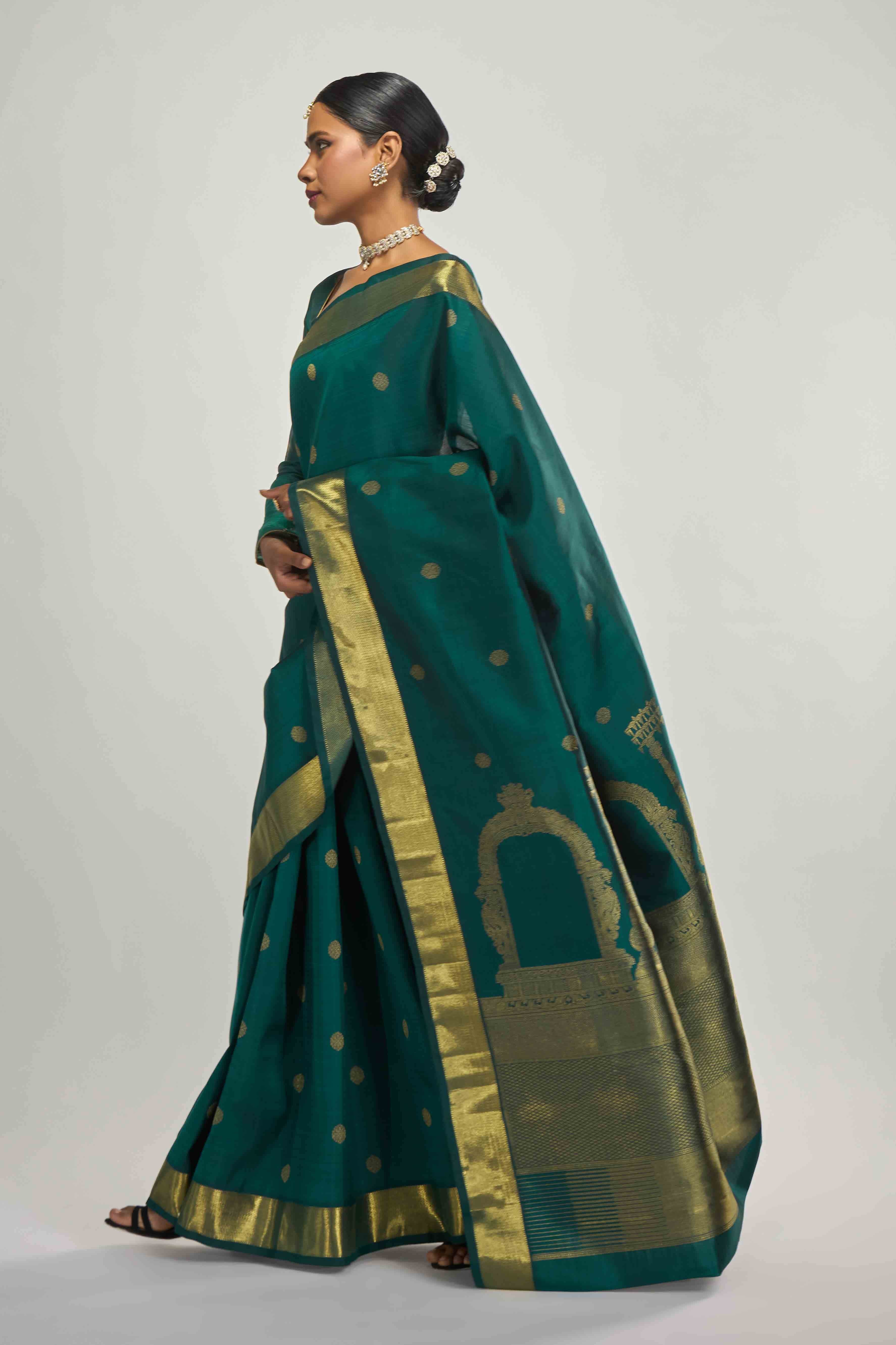 Thiruvakshi-Pure Silk Pure Gold Zari Green Kanchipuram Saree - Image 4