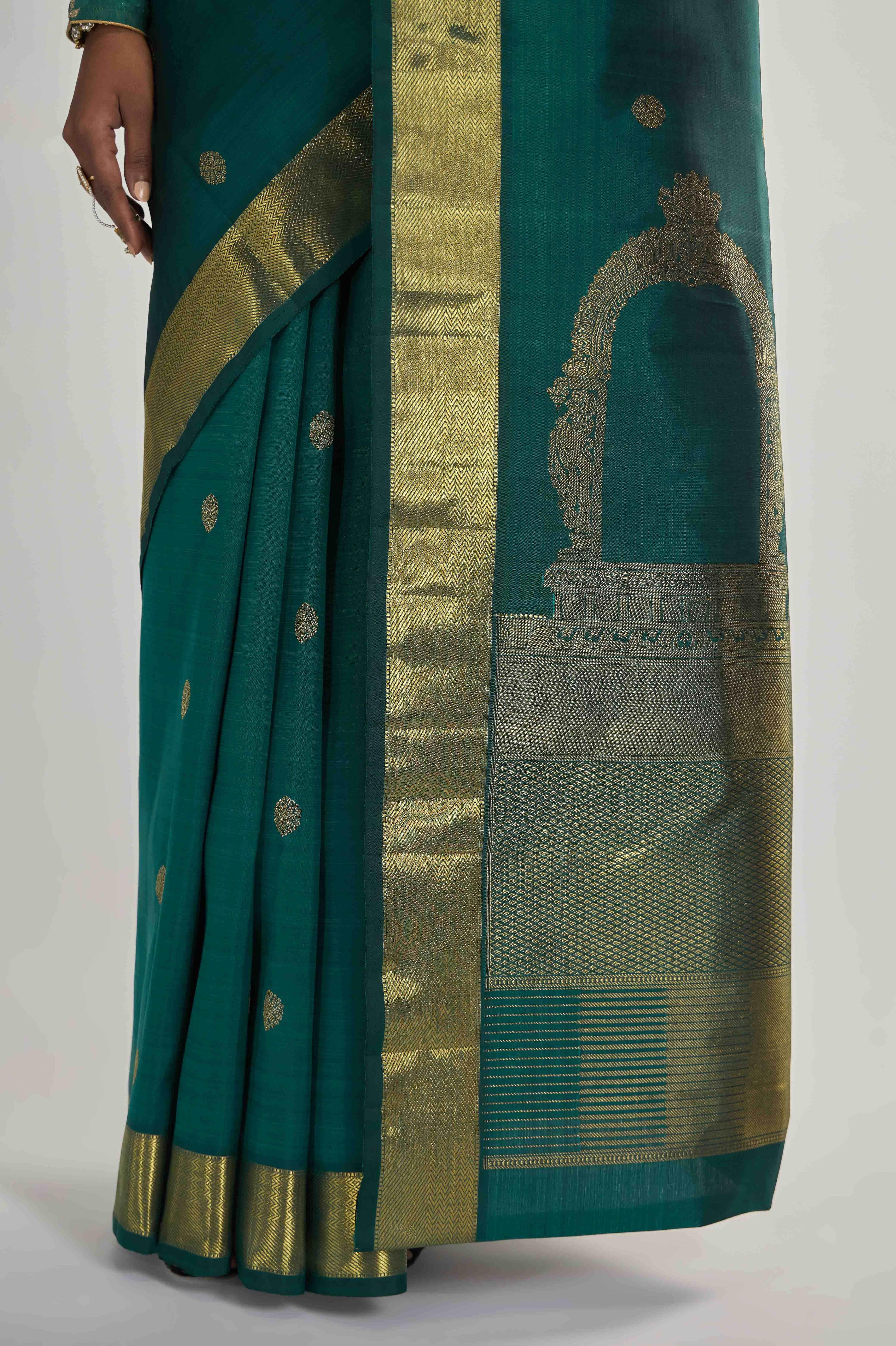 Thiruvakshi-Pure Silk Pure Gold Zari Green Kanchipuram Saree - Image 5