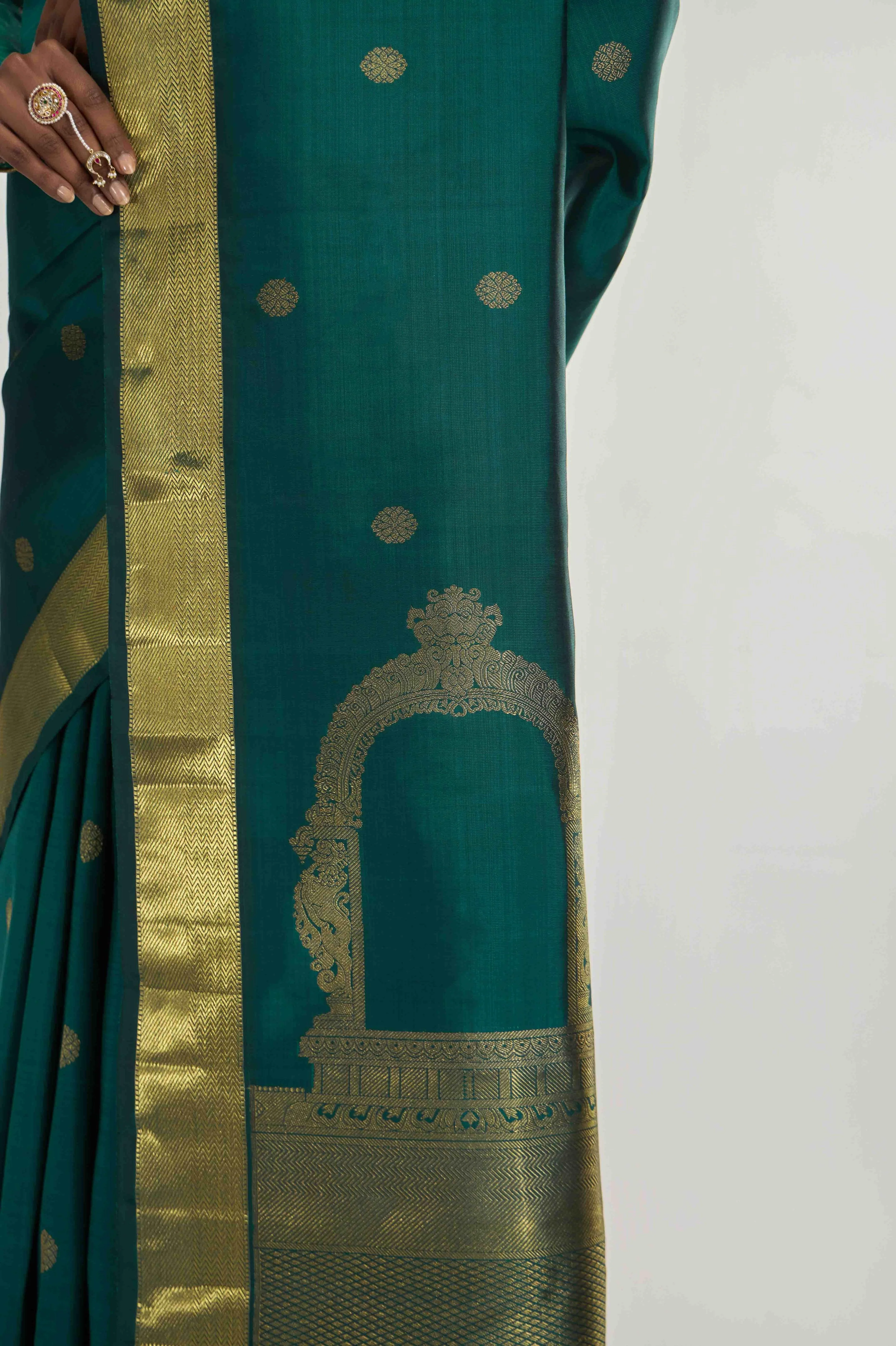 Thiruvakshi-Pure Silk Pure Gold Zari Green Kanchipuram Saree - Image 6