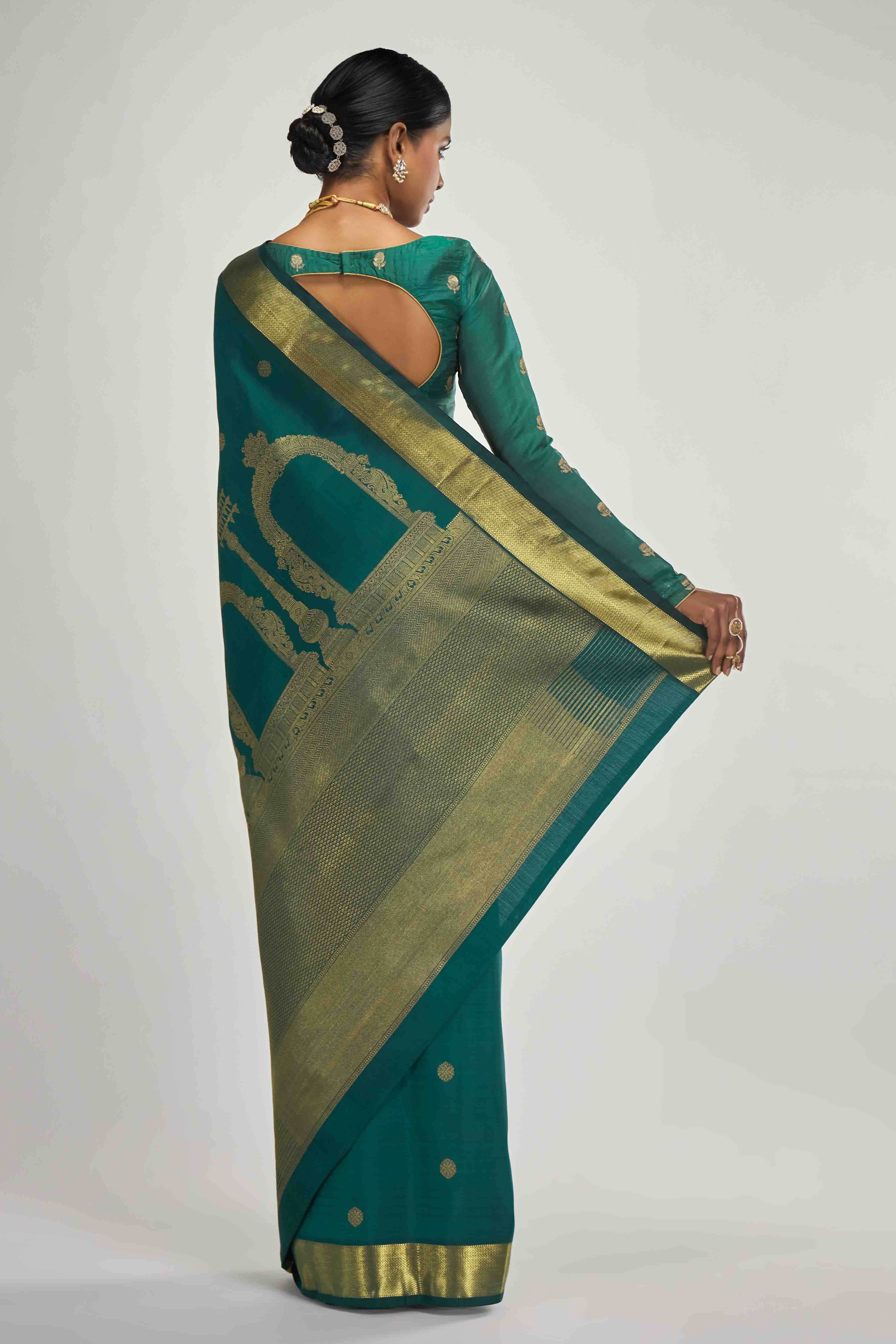 Thiruvakshi-Pure Silk Pure Gold Zari Green Kanchipuram Saree - Image 8