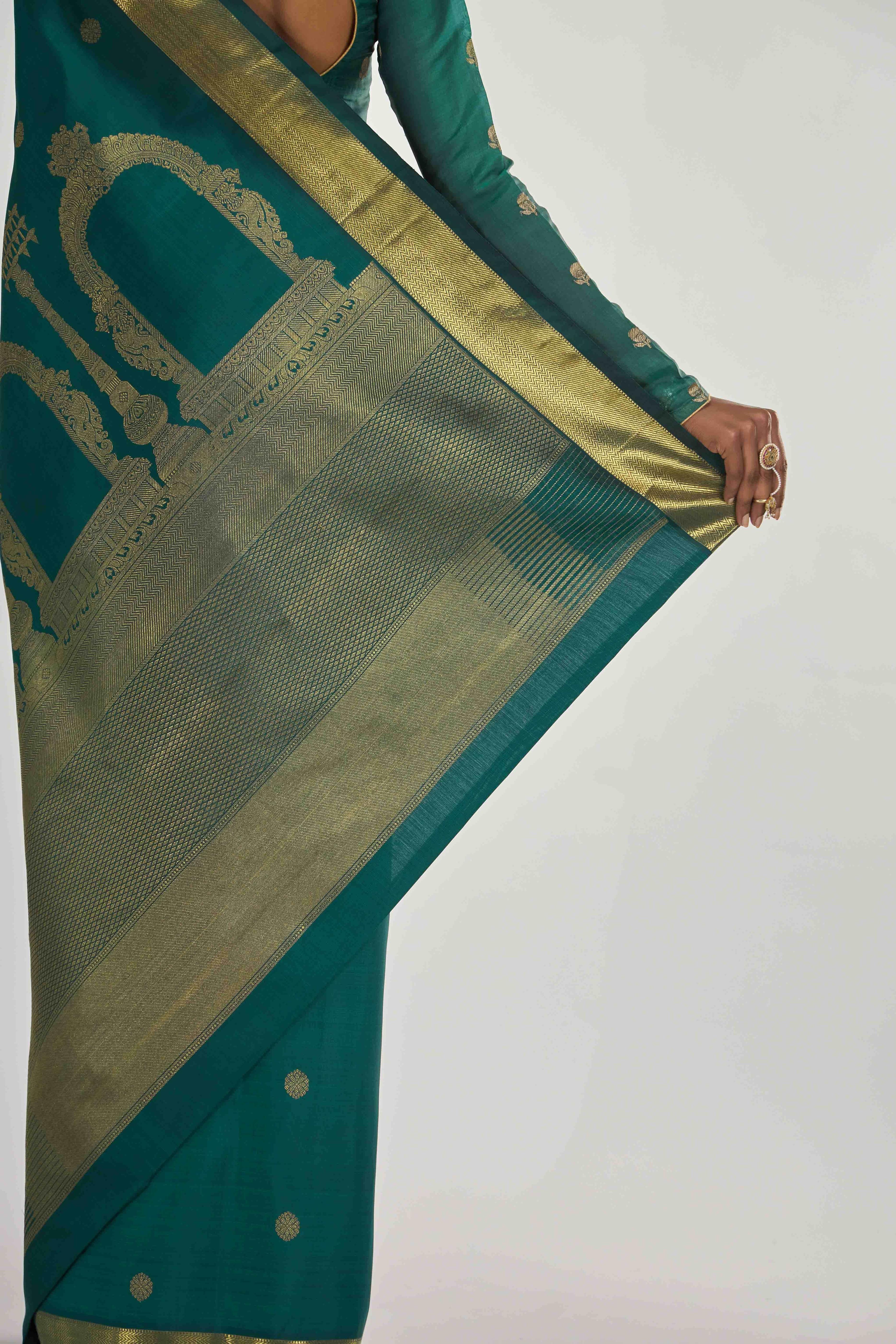 Thiruvakshi-Pure Silk Pure Gold Zari Green Kanchipuram Saree - Image 9