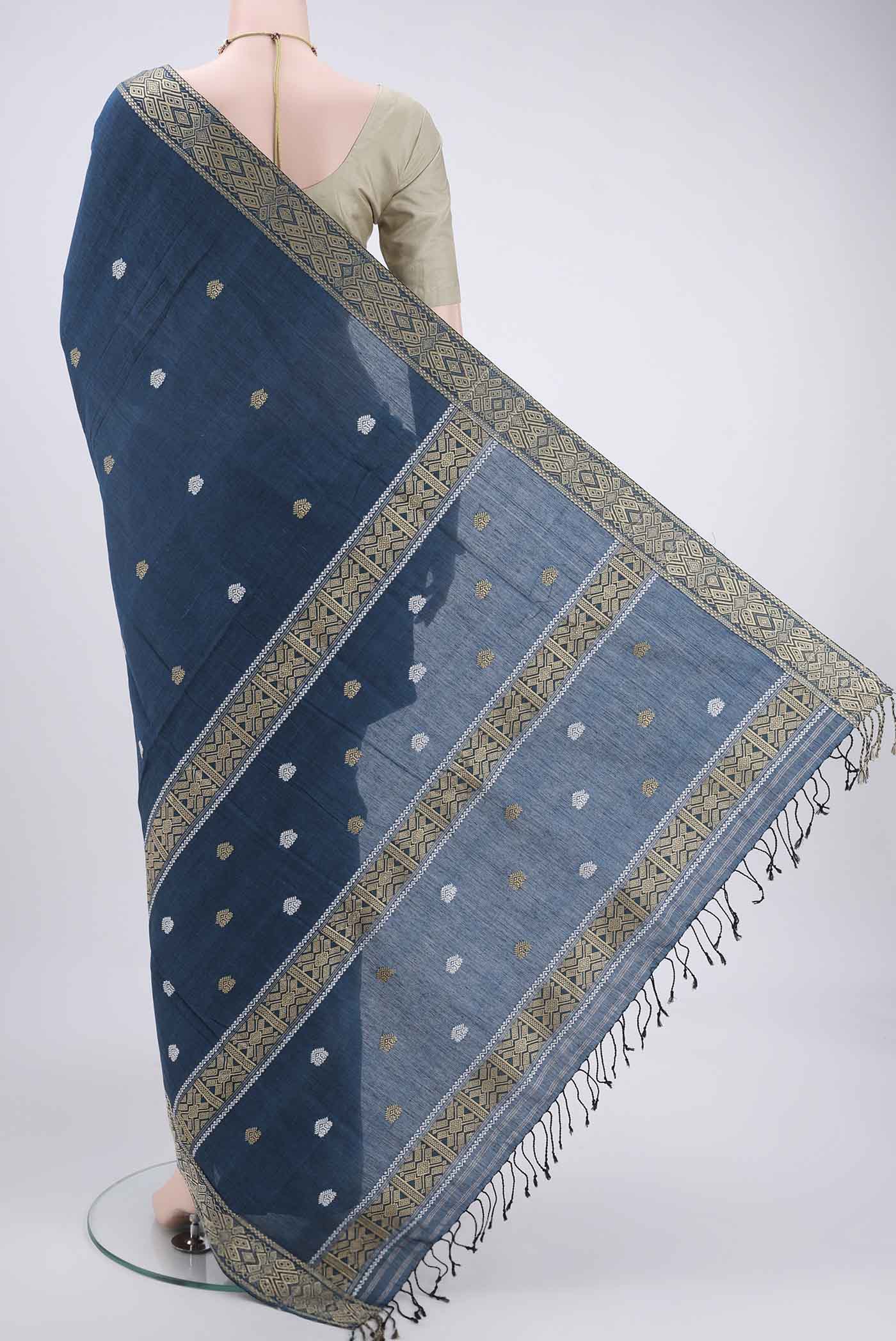 Blue Assam Cotton Saree - Image 3