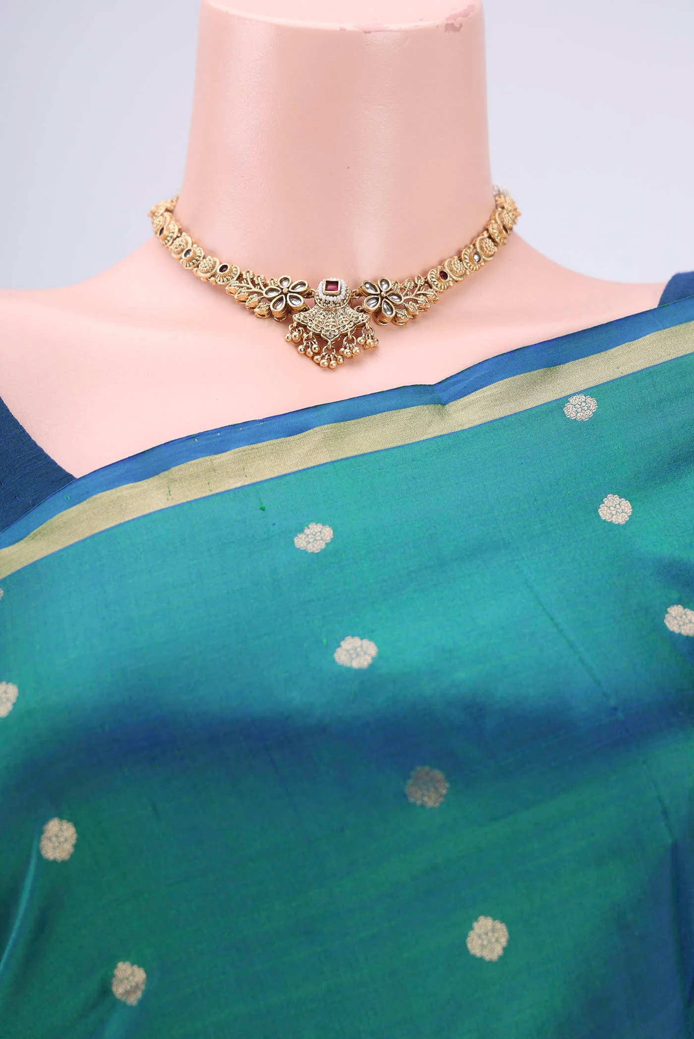 Peacock Blue Dual Tone Banarasi Katan Silk Saree - Image 2