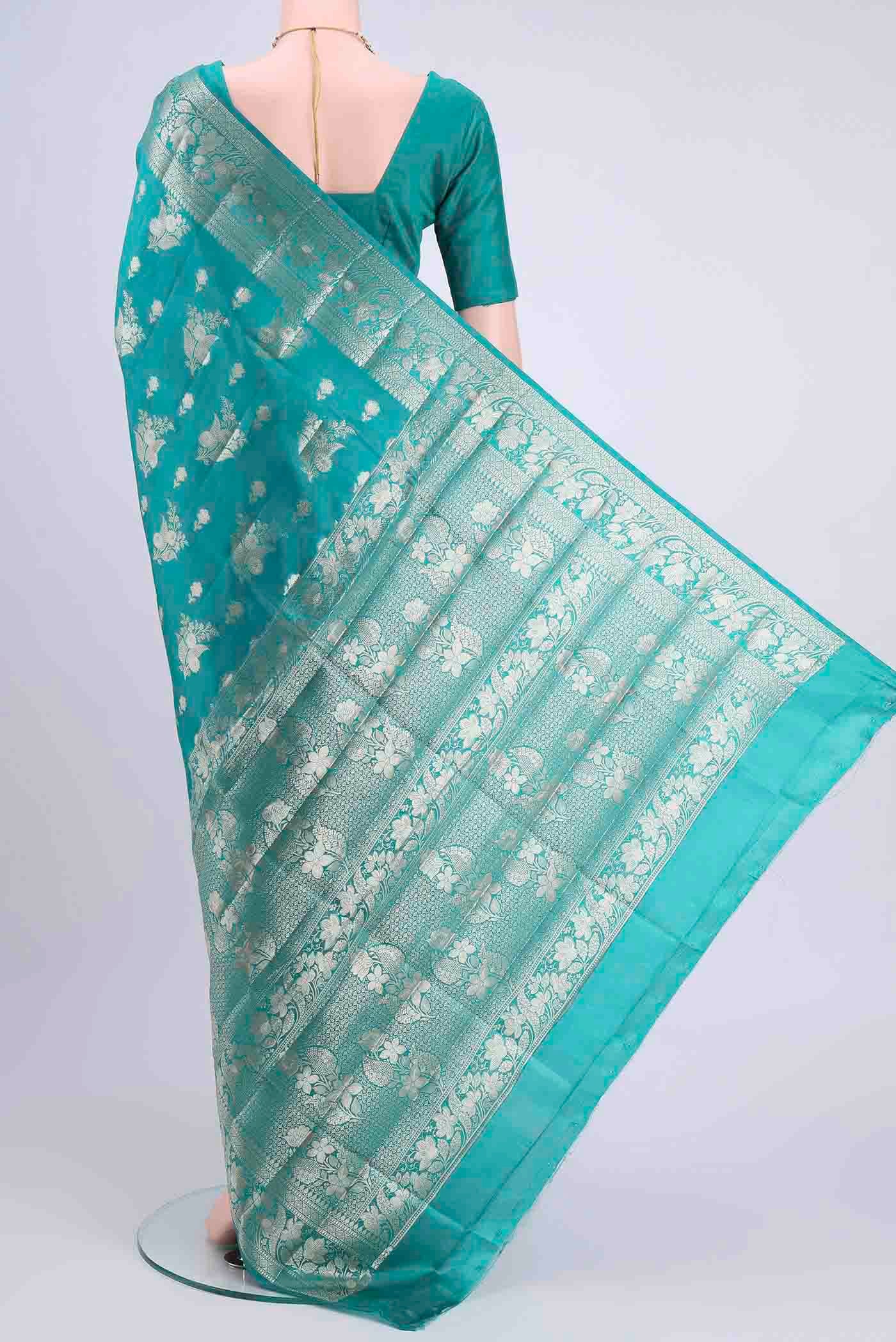 Turquoise Banarasi Raw Silk Saree - Image 3