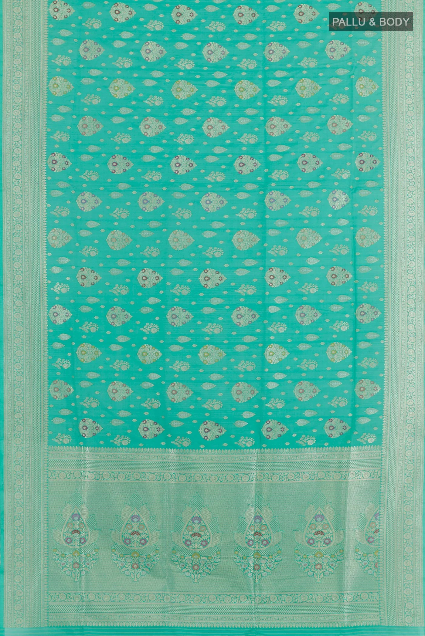 Turquoise Banarasi Silk Saree - Image 3