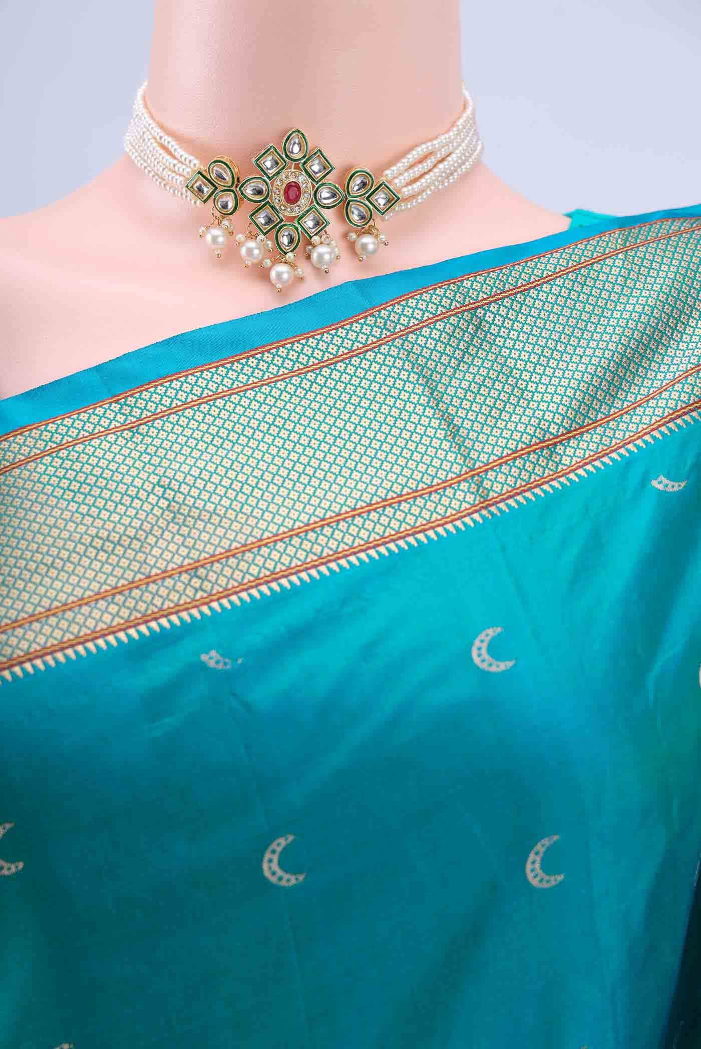 Turquoise Bangalore Silk Saree - Image 3