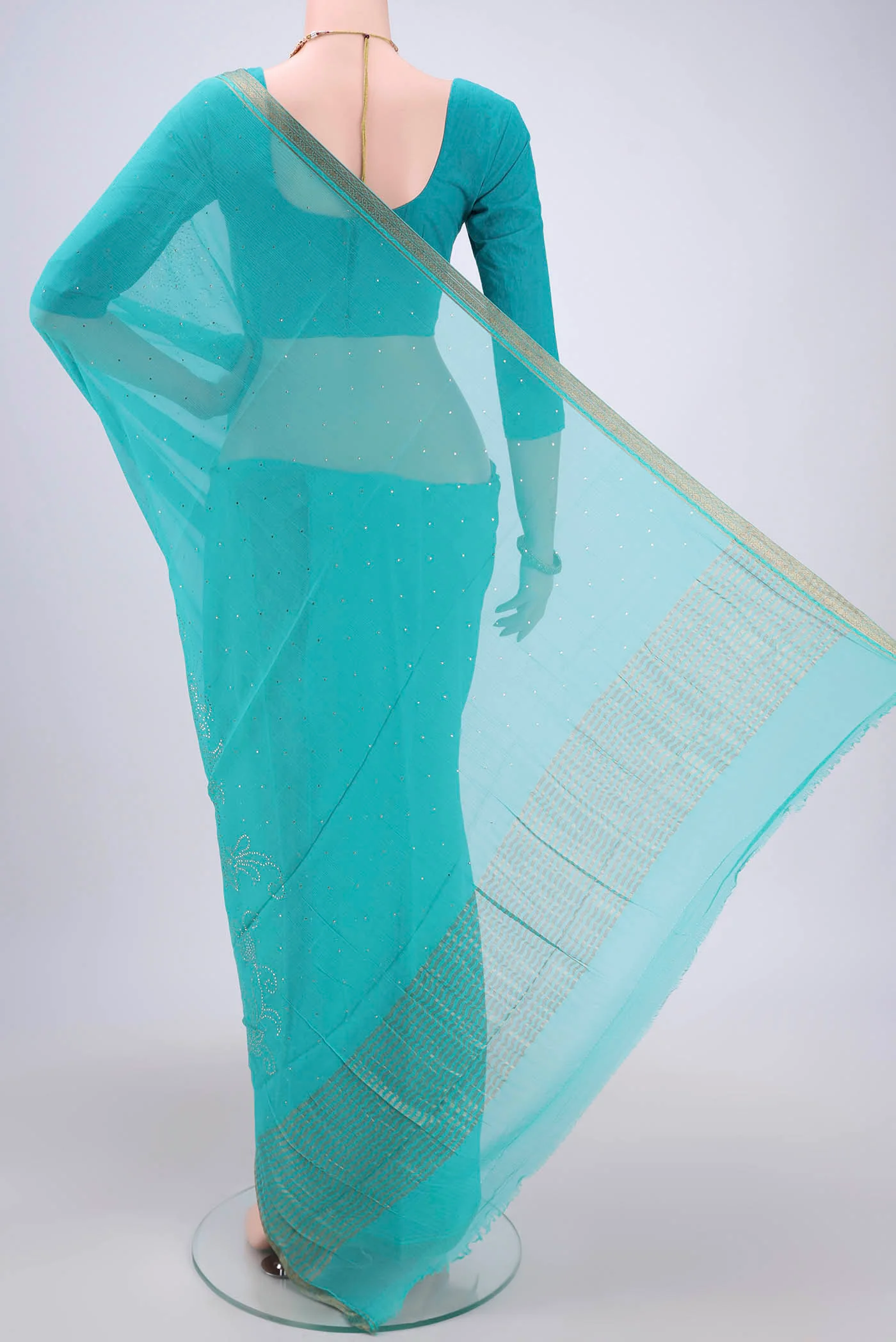 Turquoise Mysore Chiffon Saree - Image 3