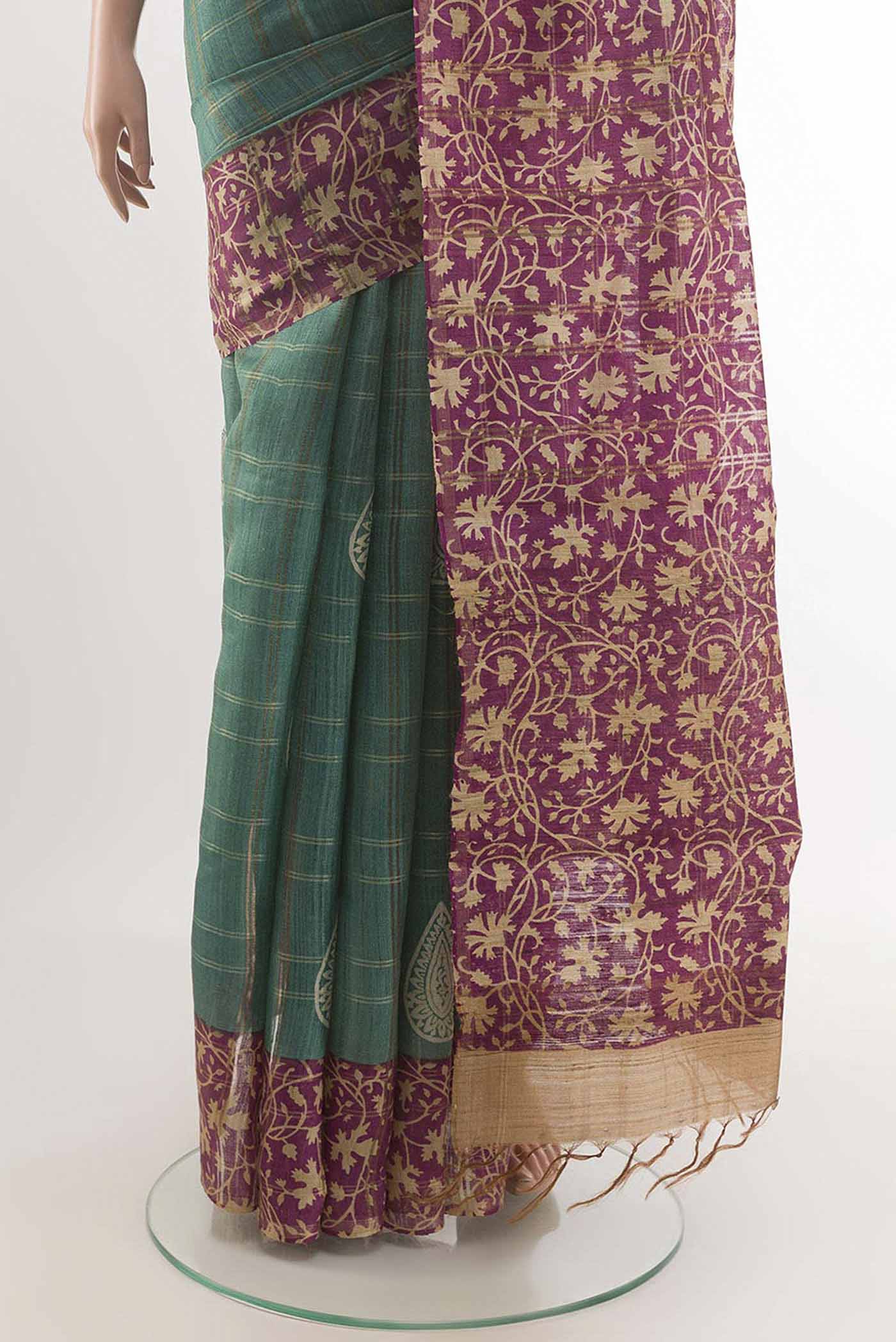 Turquoise Tussar Saree - Image 3