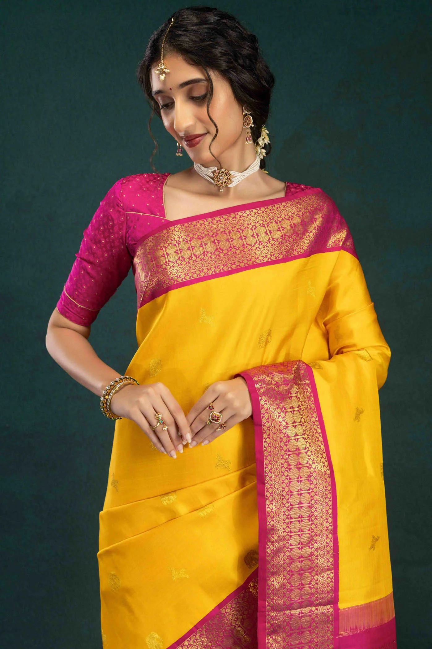Vaani-Mustard Yellow Kanchipuram Silk Saree - Image 3