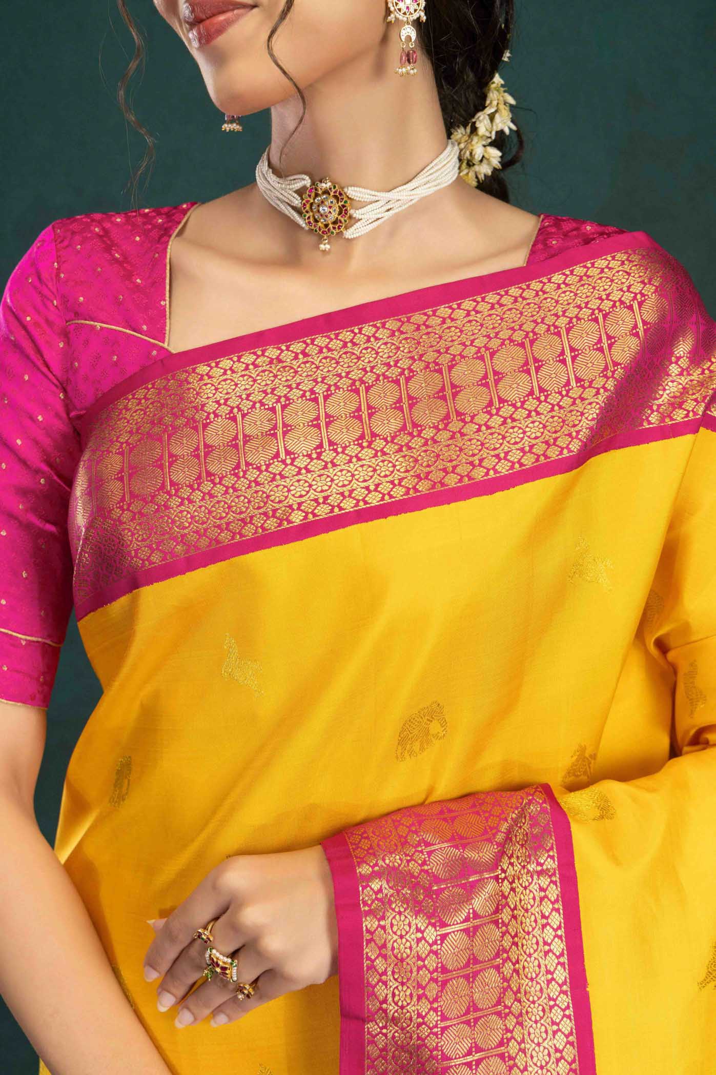 Vaani-Mustard Yellow Kanchipuram Silk Saree - Image 4