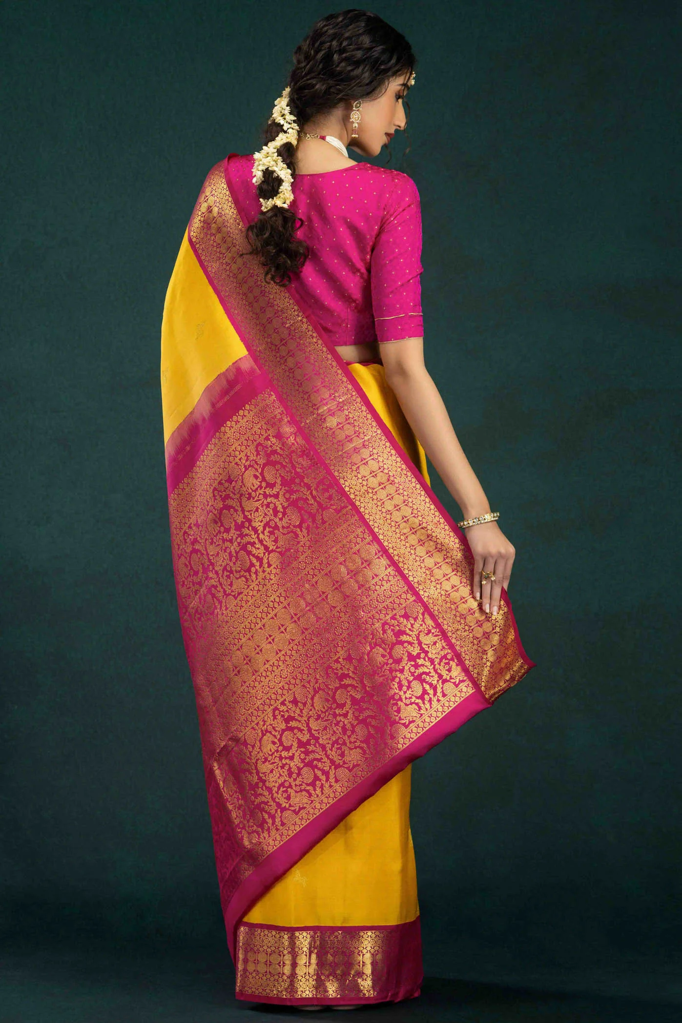 Vaani-Mustard Yellow Kanchipuram Silk Saree - Image 7