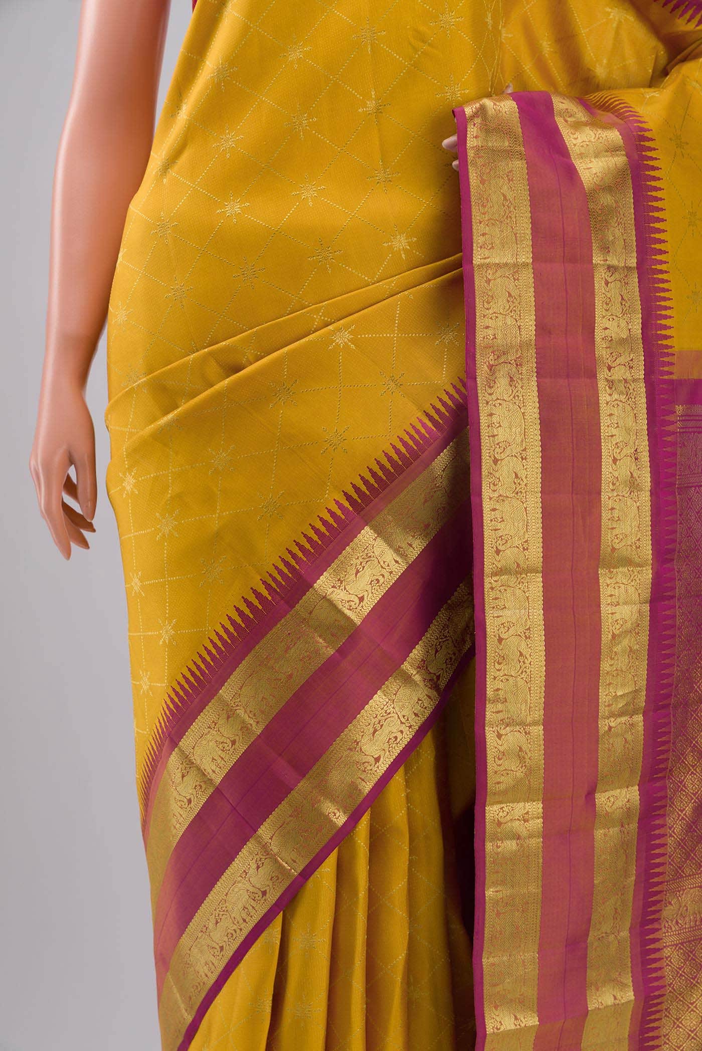 Vaidehi-Mustard Yellow Kanchipuram Silk Saree - Image 5