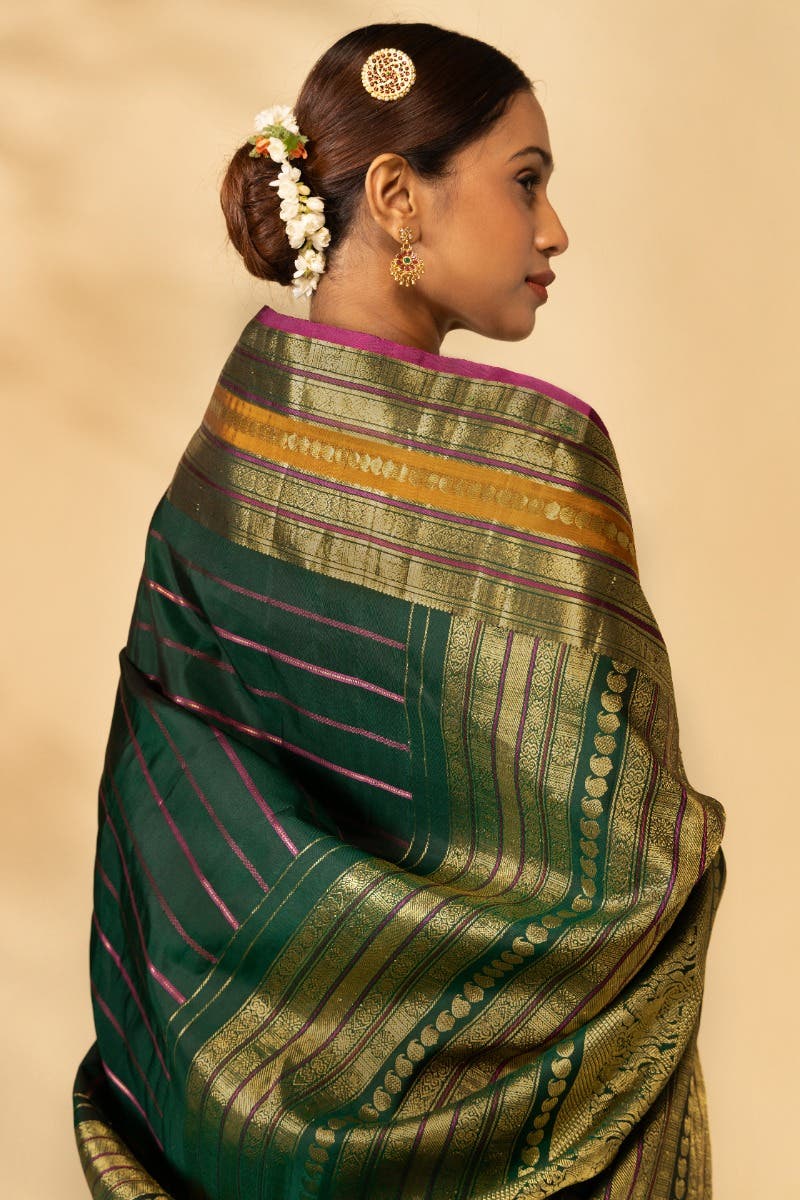 Velari-Bottle Green Kanchipuram Silk Saree - Image 7