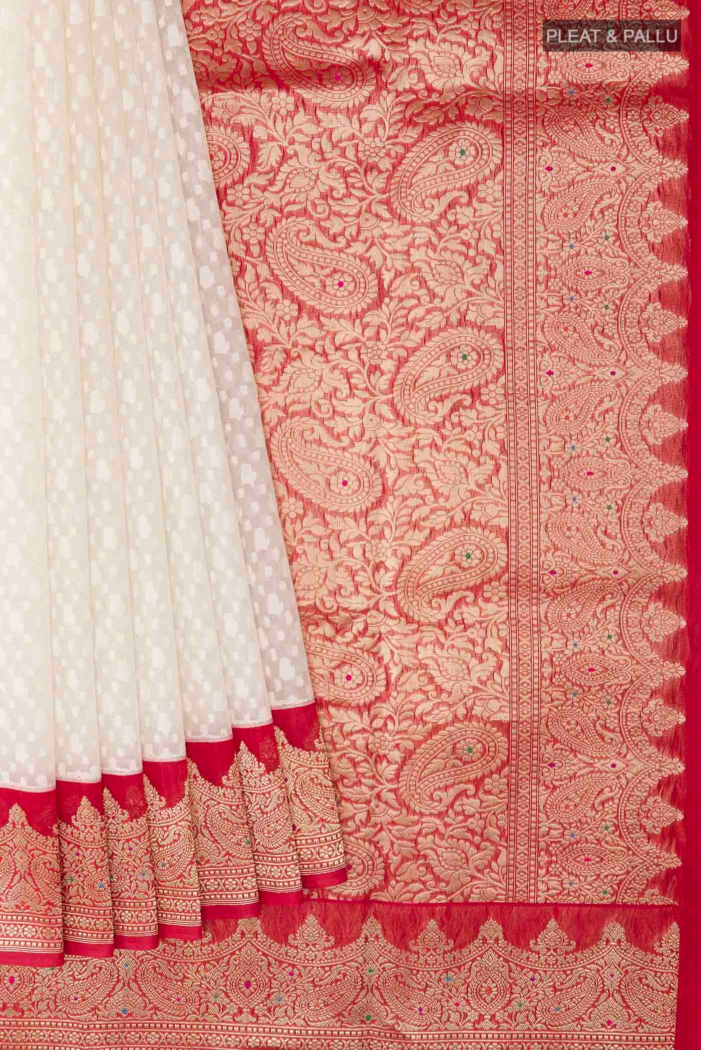 White Banarasi Kora Cotton Saree - Image 4