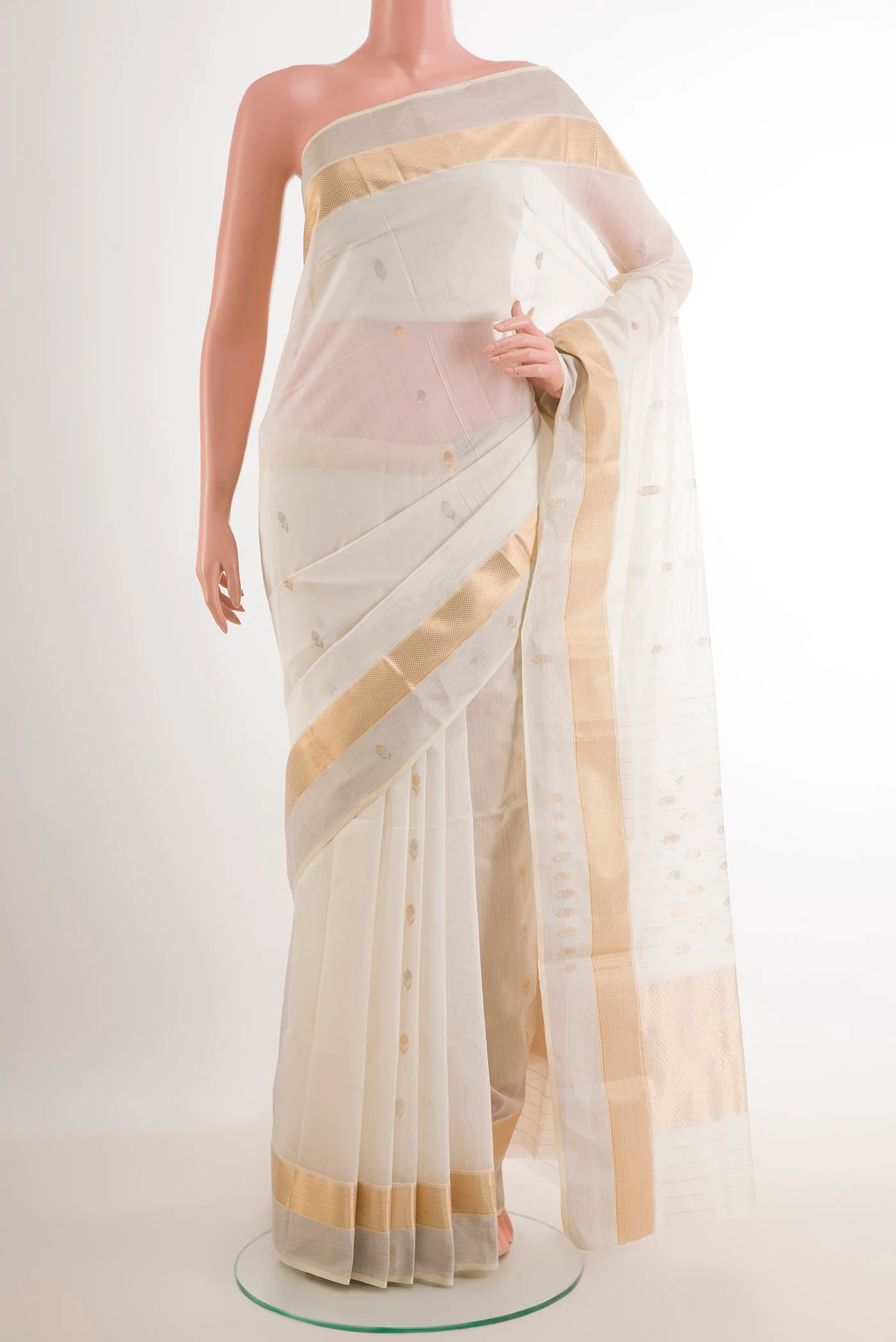 White Maheshwari Silk Cotton Saree