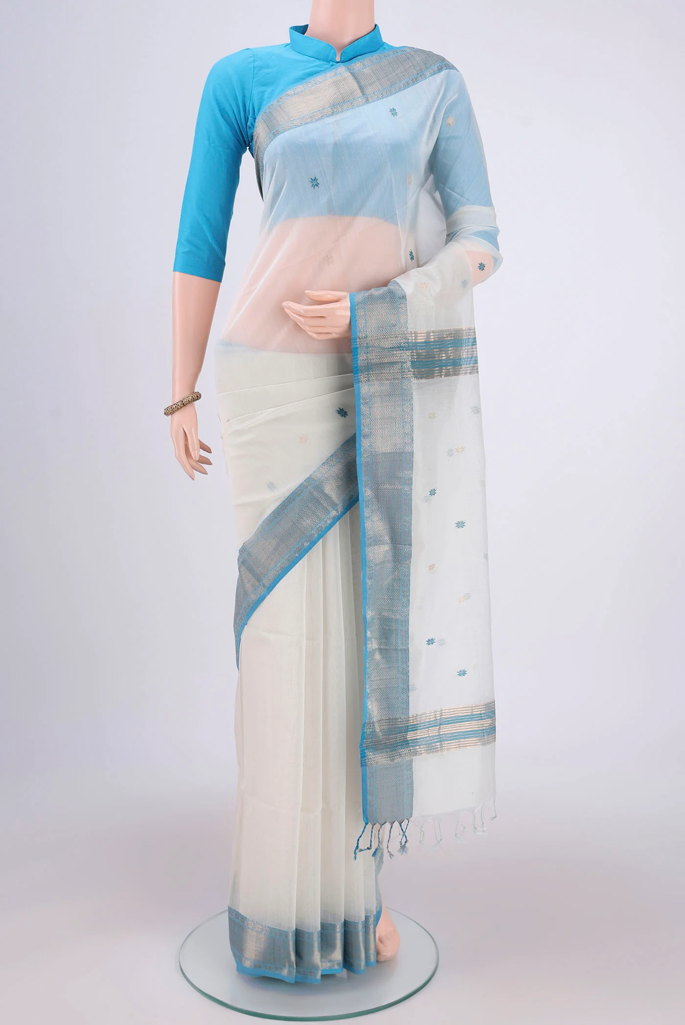 White Maheshwari Silk Cotton Saree