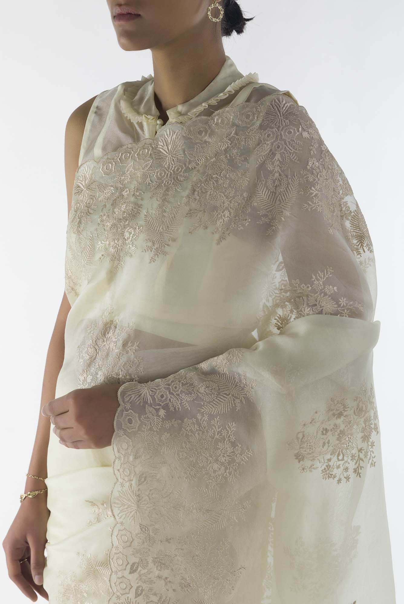 Minerva White floral design saree from Embroidered Romance Collection by Nalli - Image 3