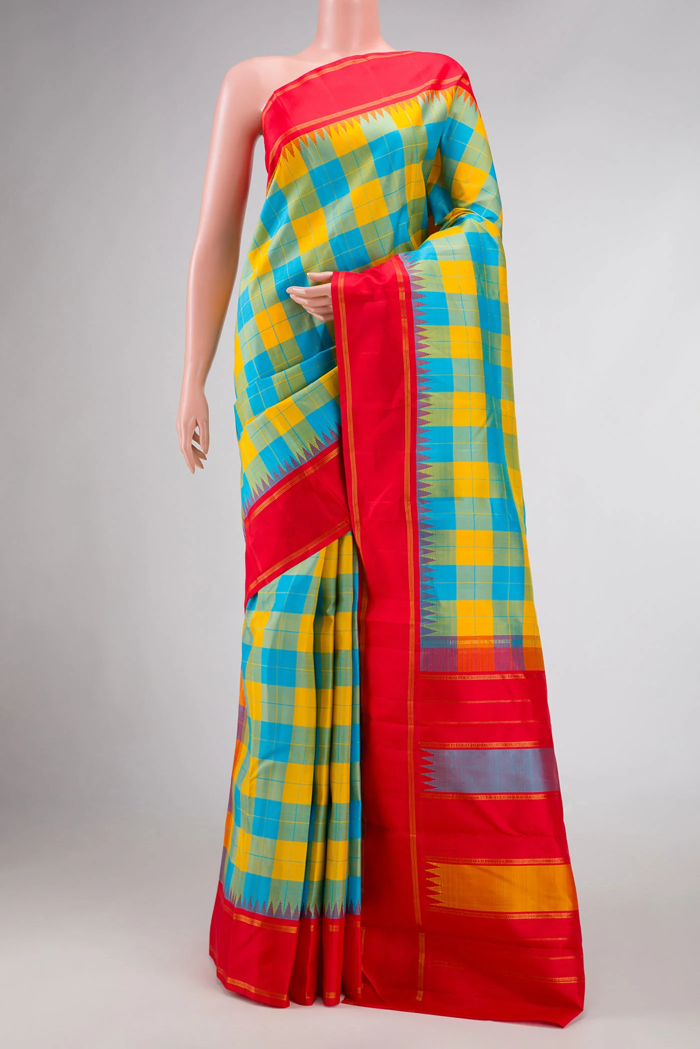 Yellow and Sky Blue Color Kanchipuram Silk Saree