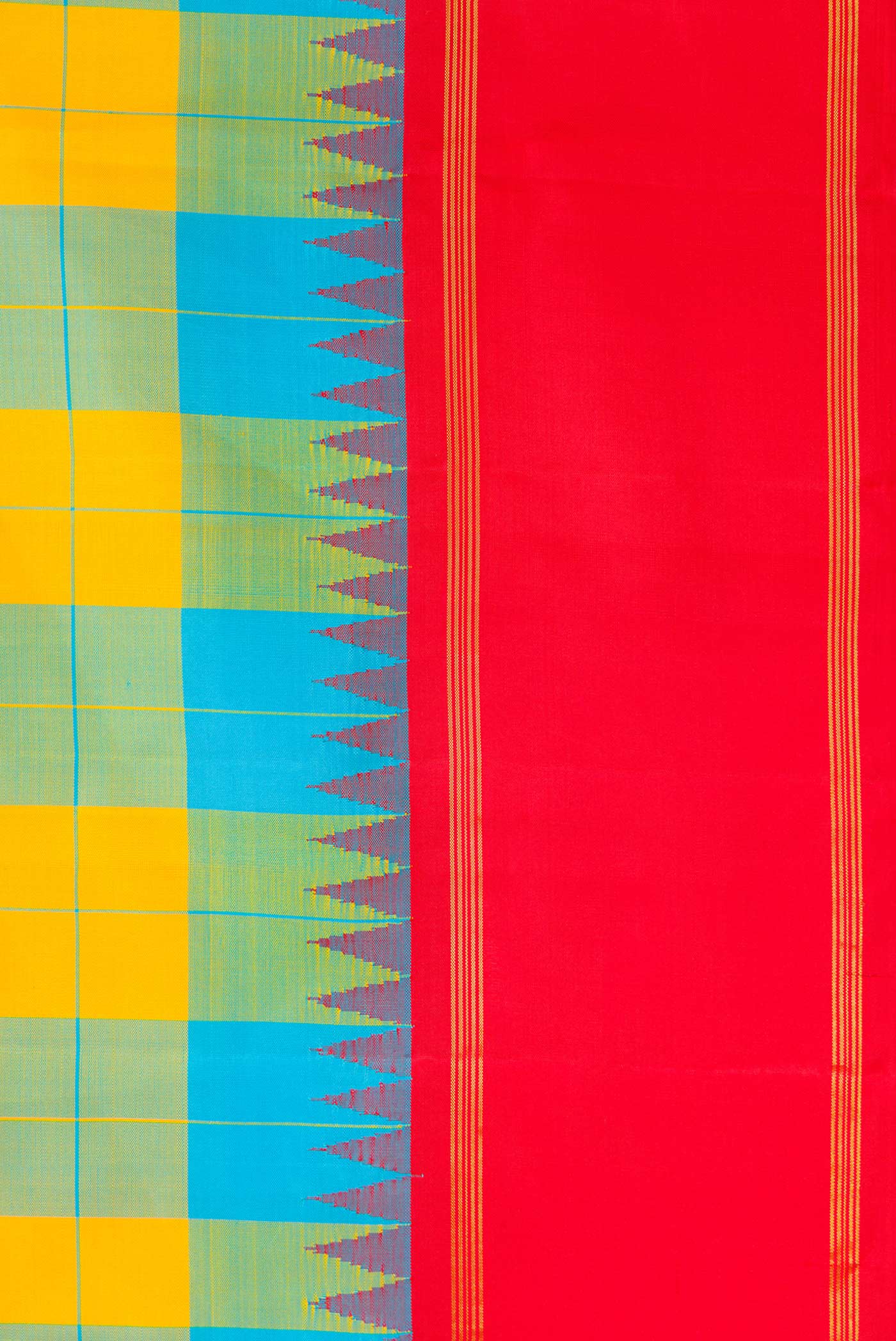 Yellow and Sky Blue Color Kanchipuram Silk Saree - Image 3