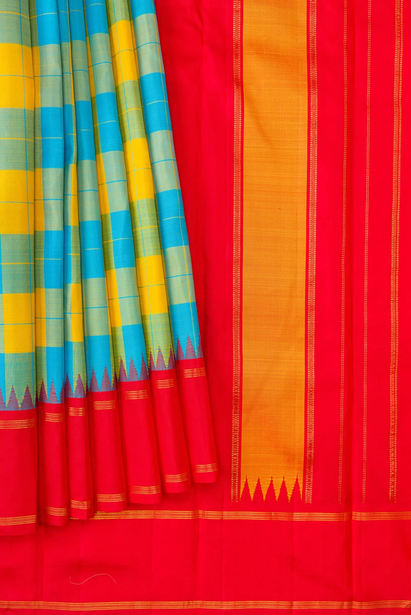 Yellow and Sky Blue Color Kanchipuram Silk Saree - Image 4