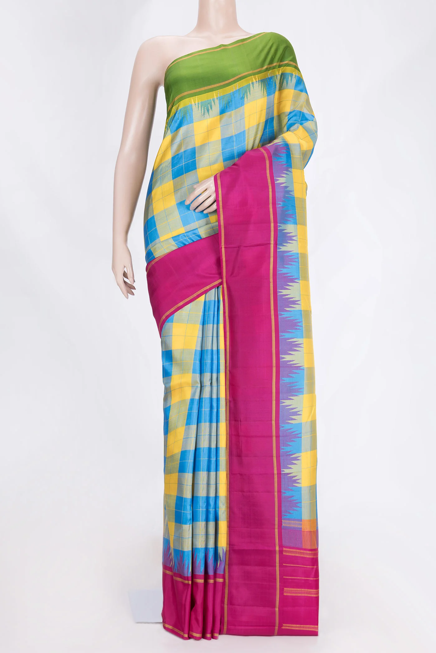 Yellow and Sky Blue Color Kanjivaram Saree