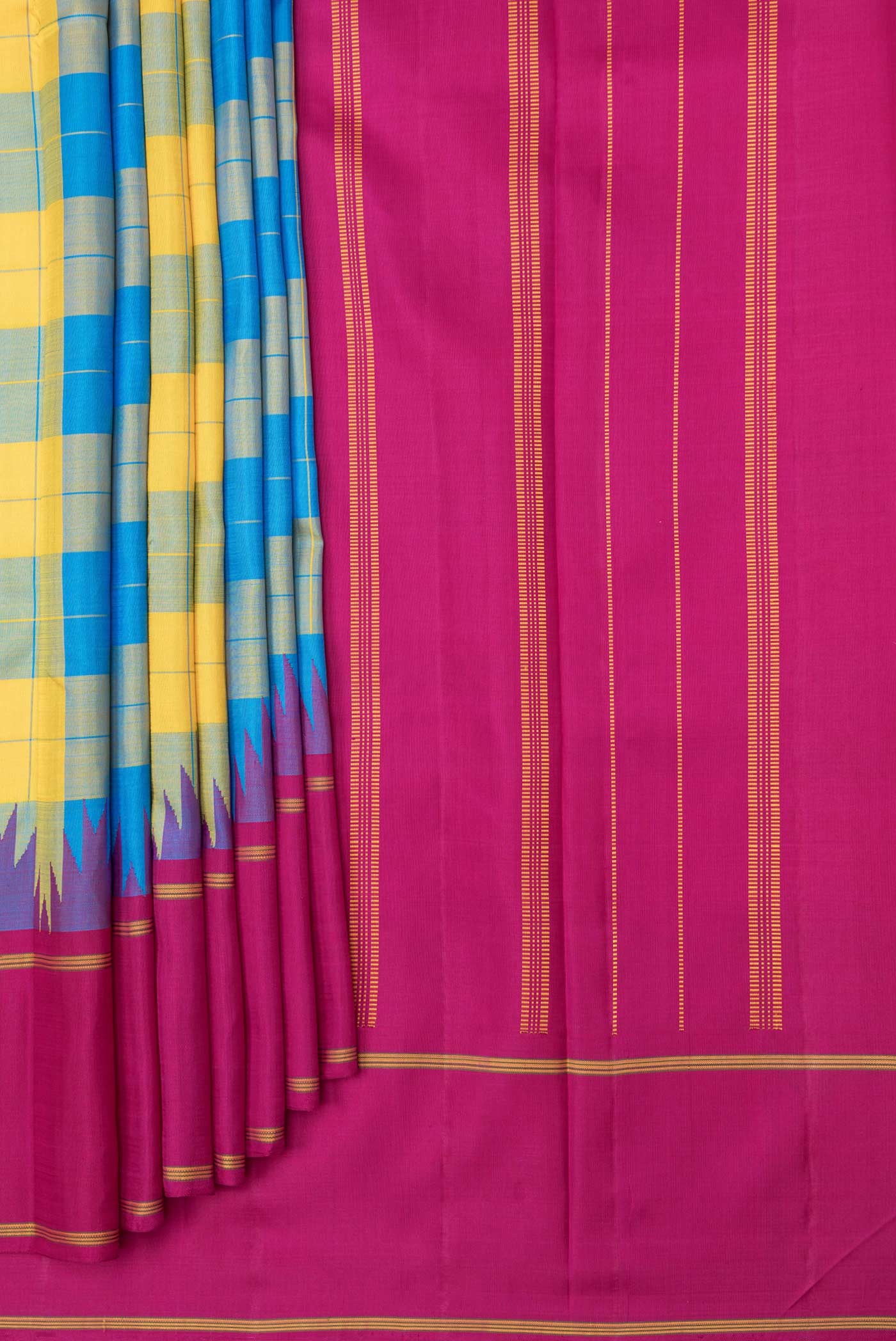 Yellow and Sky Blue Color Kanjivaram Saree - Image 4