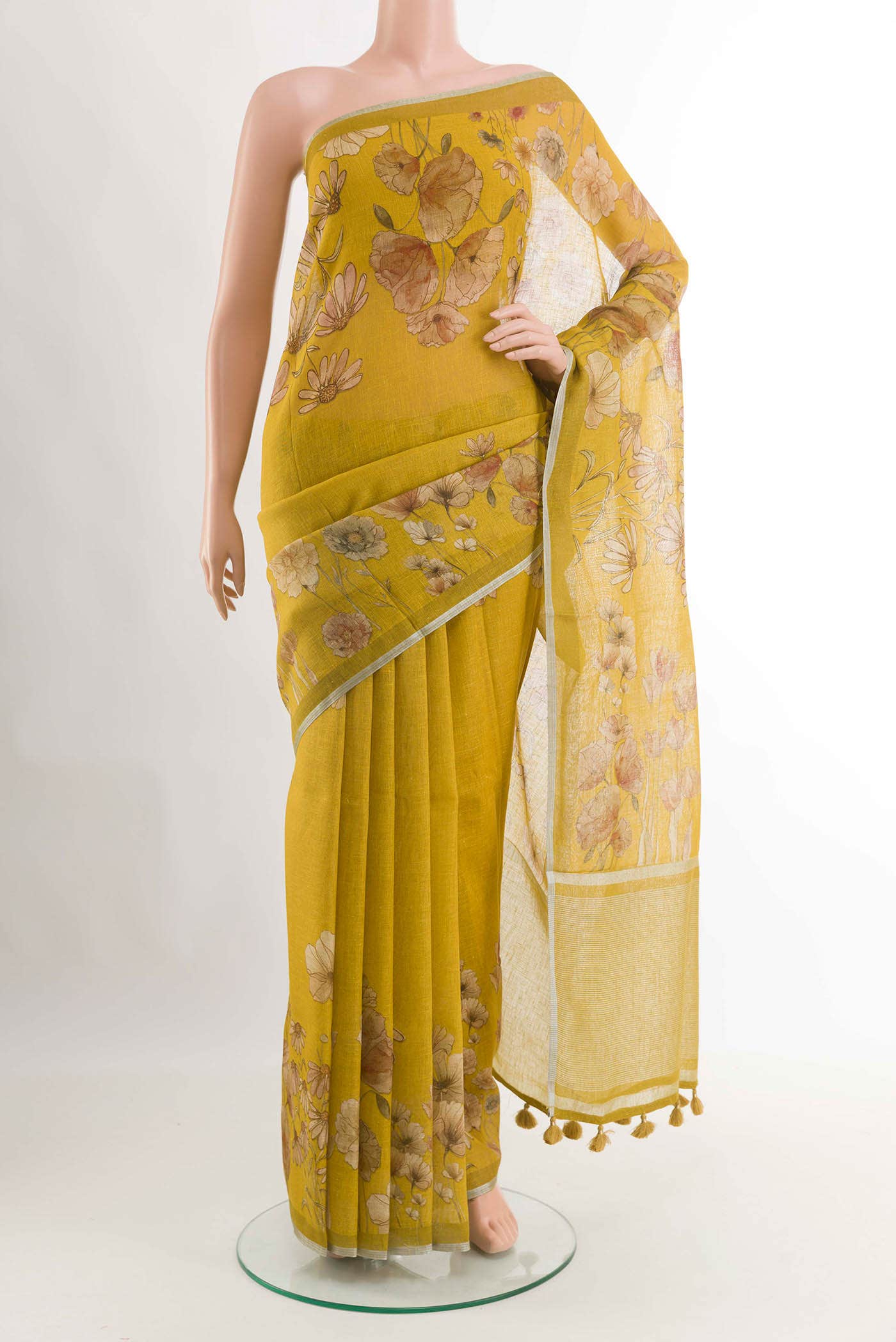 Yellow Blended Linen Cotton Saree