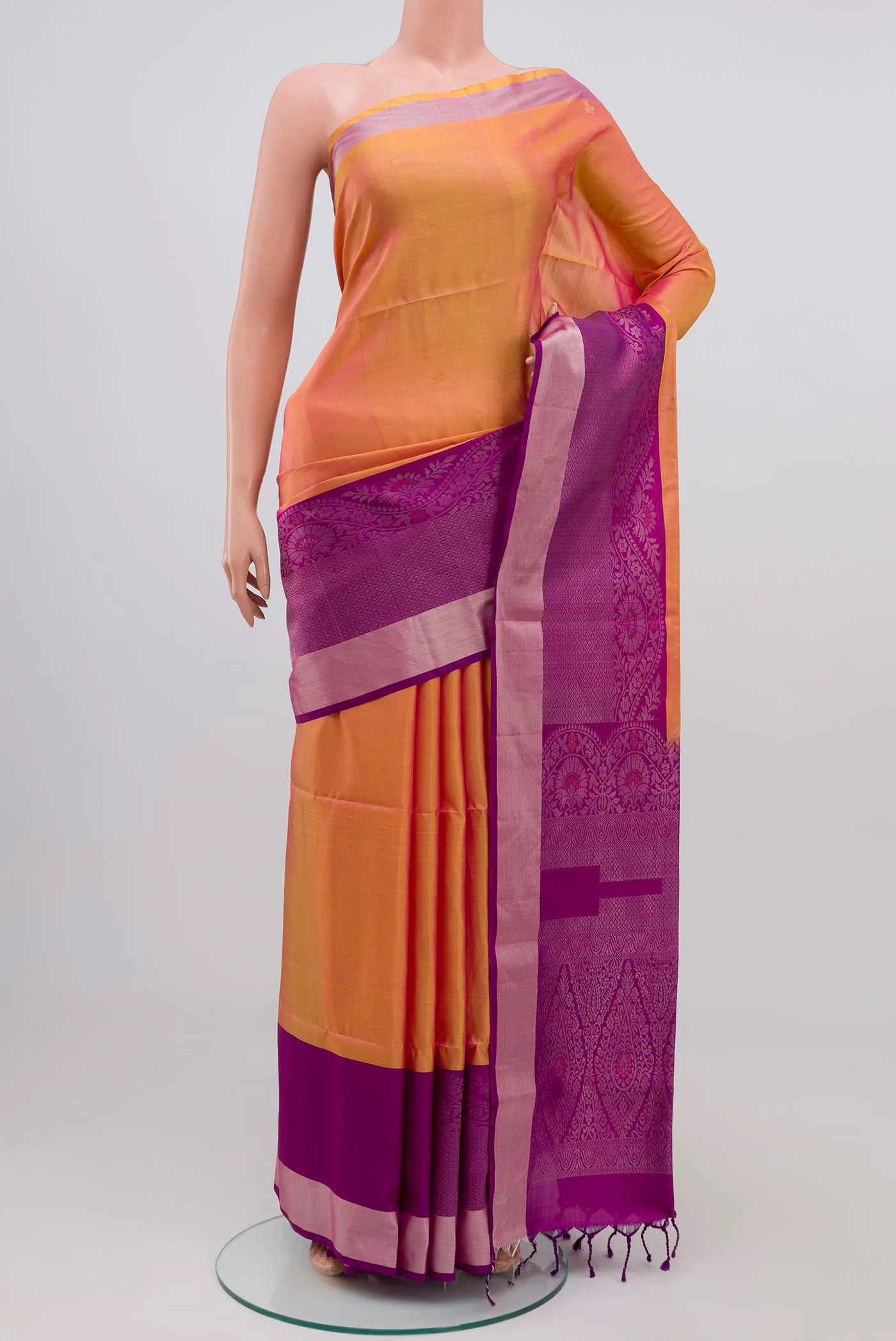 Pinkish Yellow Dual Tone Soft Silk Saree