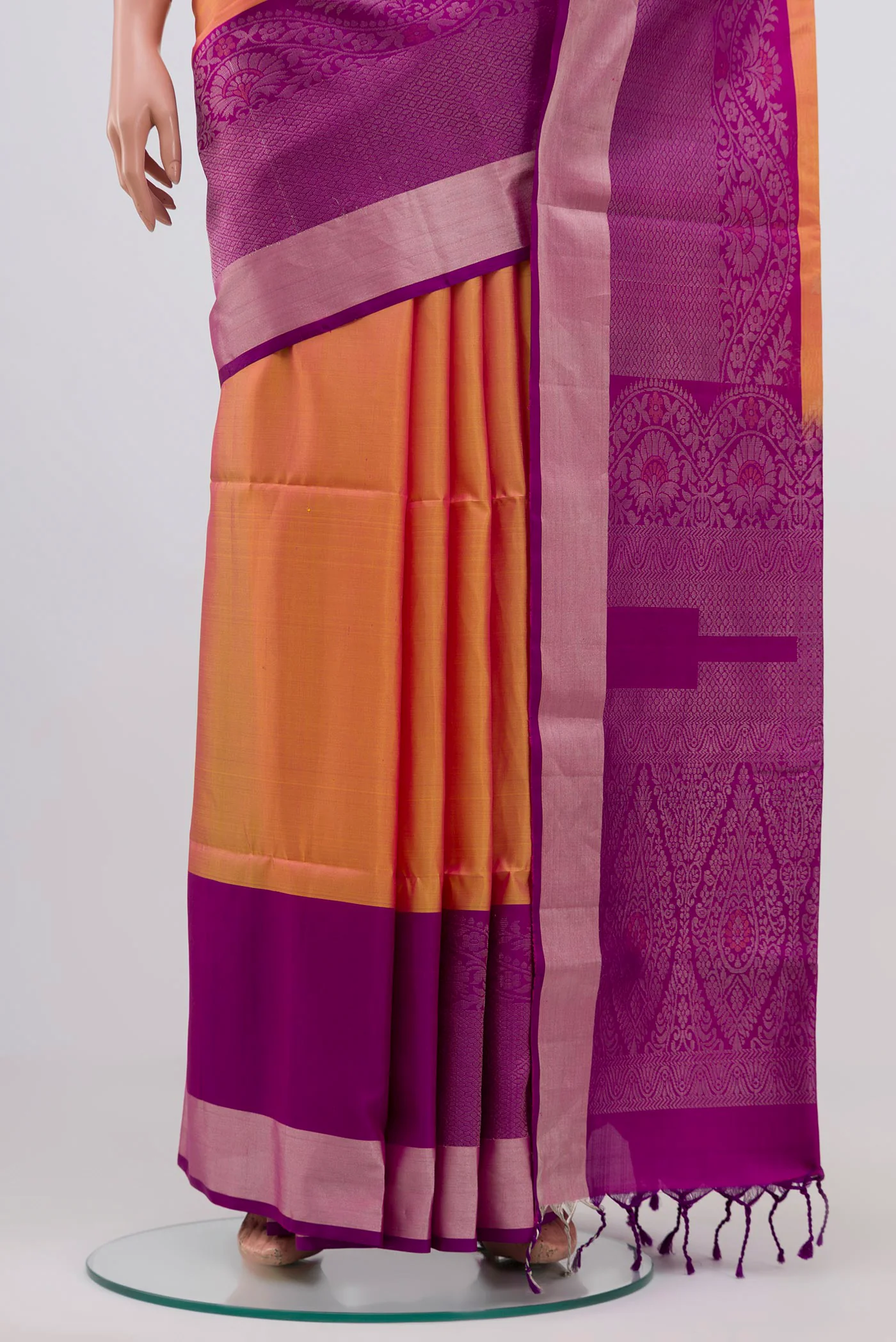 Pinkish Yellow Dual Tone Soft Silk Saree - Image 3